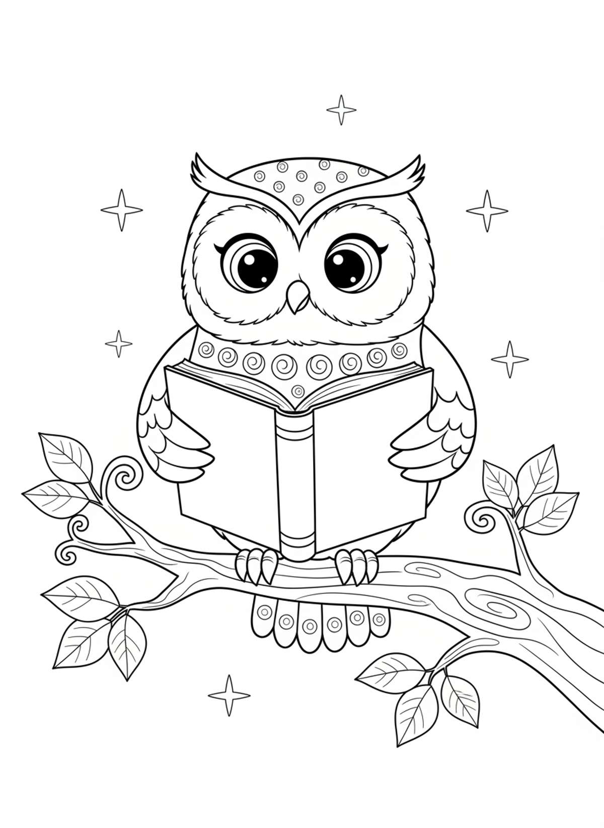 A Cute Owl Reading Storybook Coloring Page for Kids - Owl Coloring Page