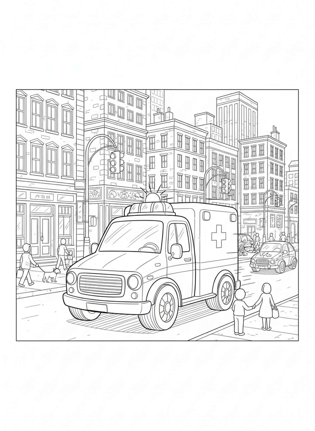 Action-Packed Ambulance City Rush Coloring Page for Kids