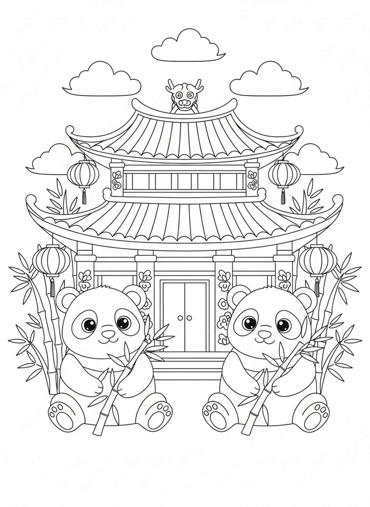 Adorable Pandas at a Peaceful Temple: Kids Coloring Page