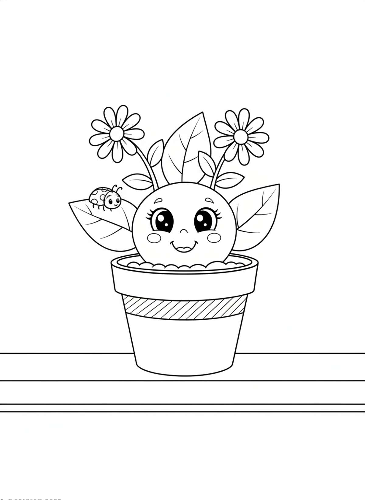 Adorable Potted Plant & Ladybug Coloring Page for Kids