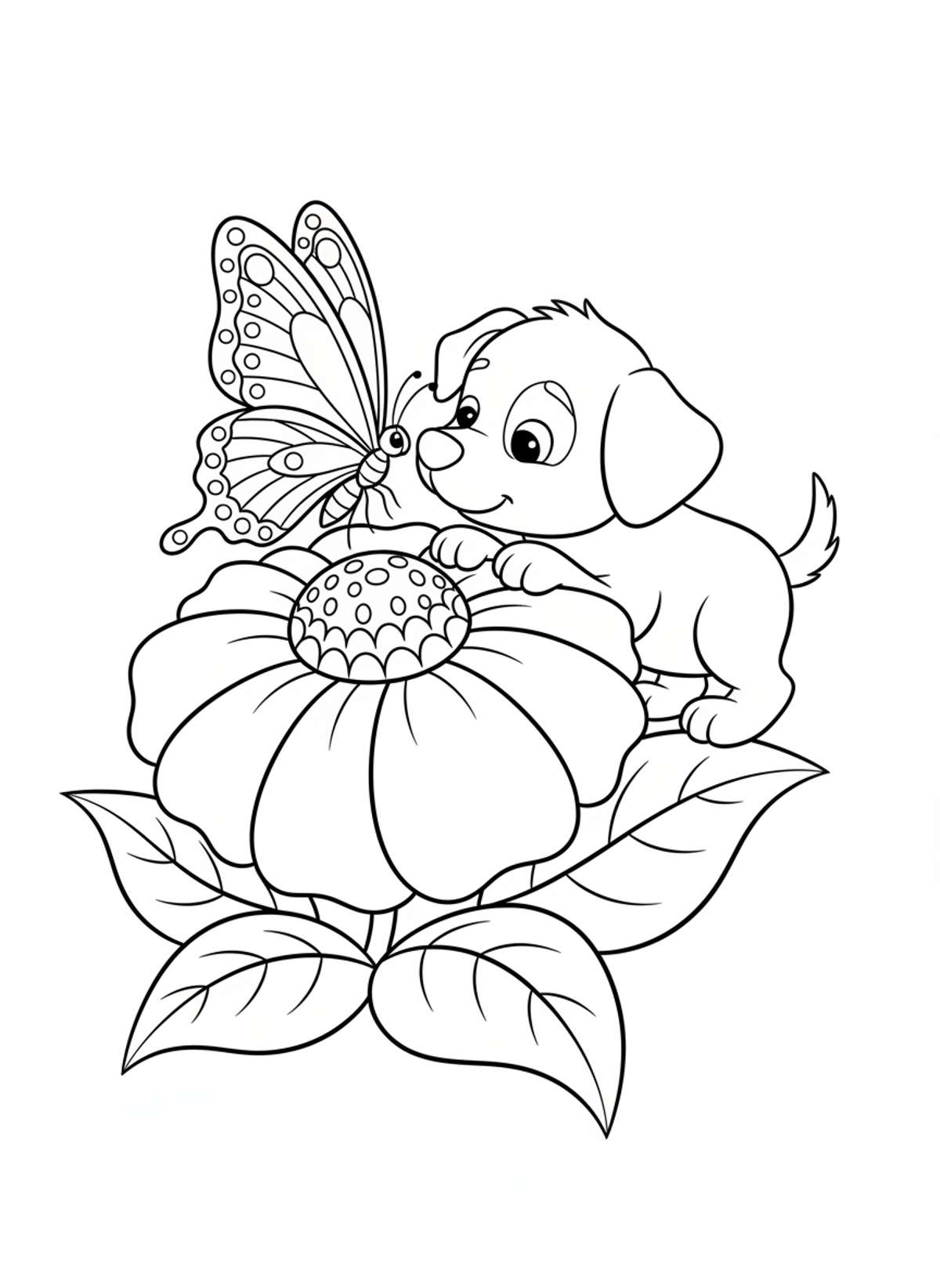 Adorable Puppy and Butterfly Flower Coloring Page for Kids - Dog Coloring Page