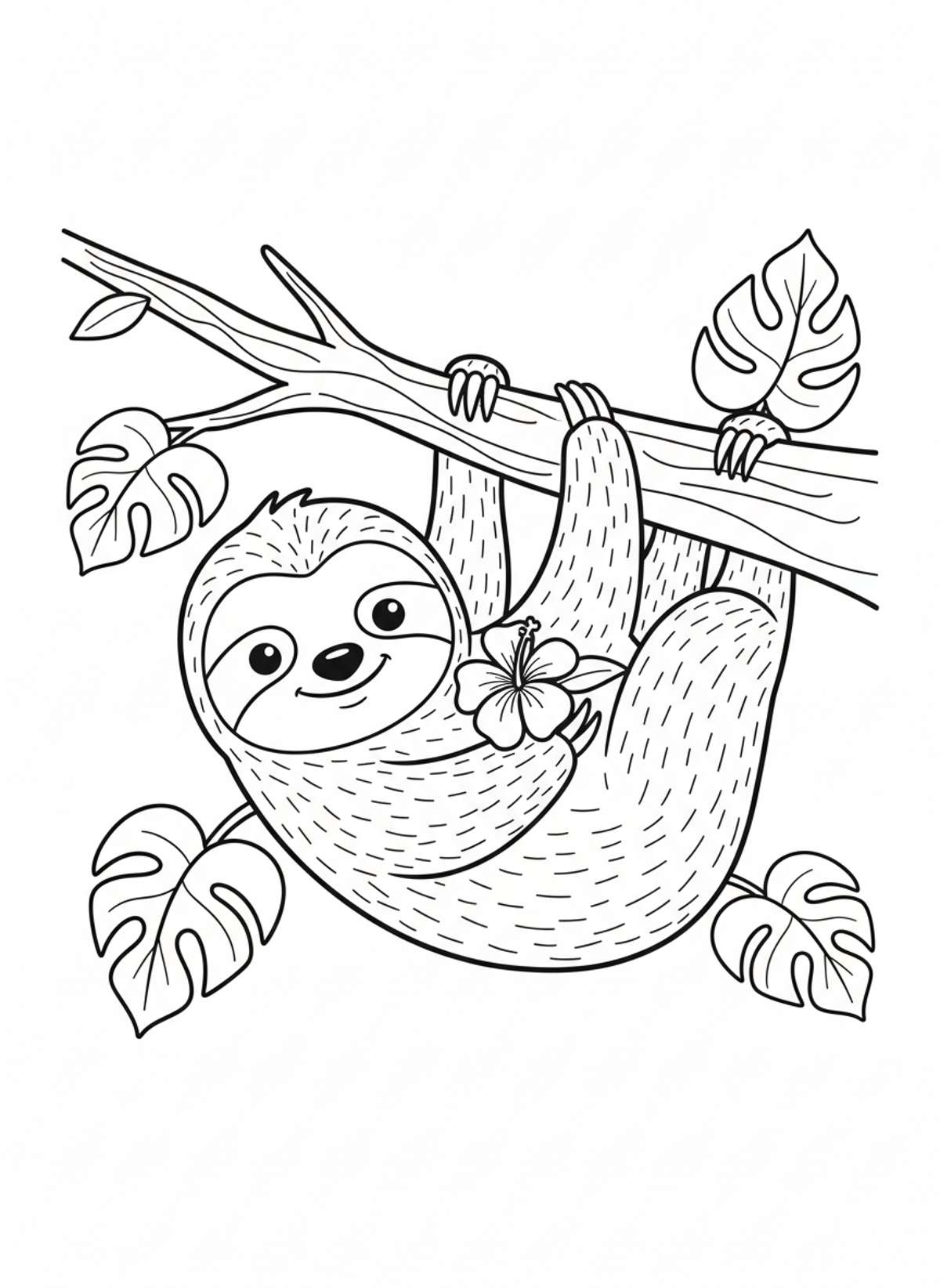 Adorable Sloth on a Branch: Easy Kids Coloring Page