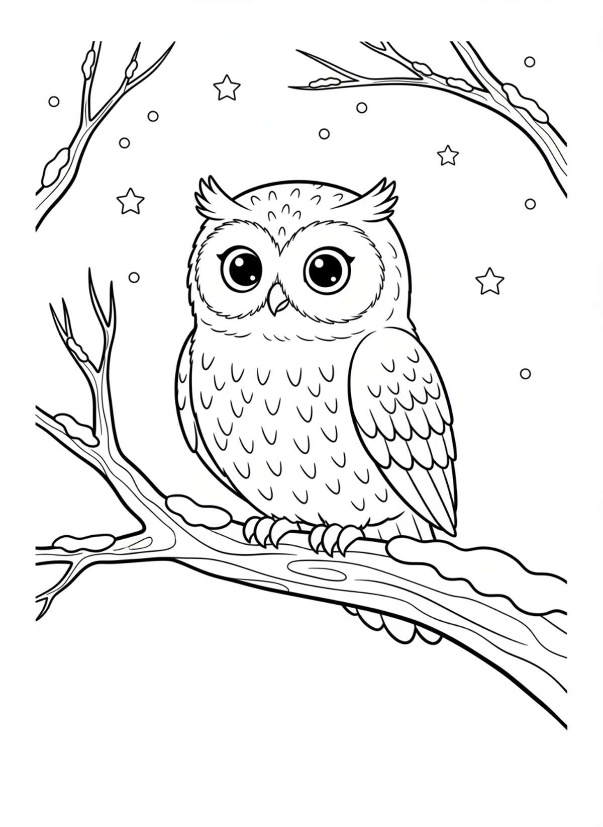 Adorable Snowy Owl on a Winter Branch Coloring Page - Owl Coloring Page