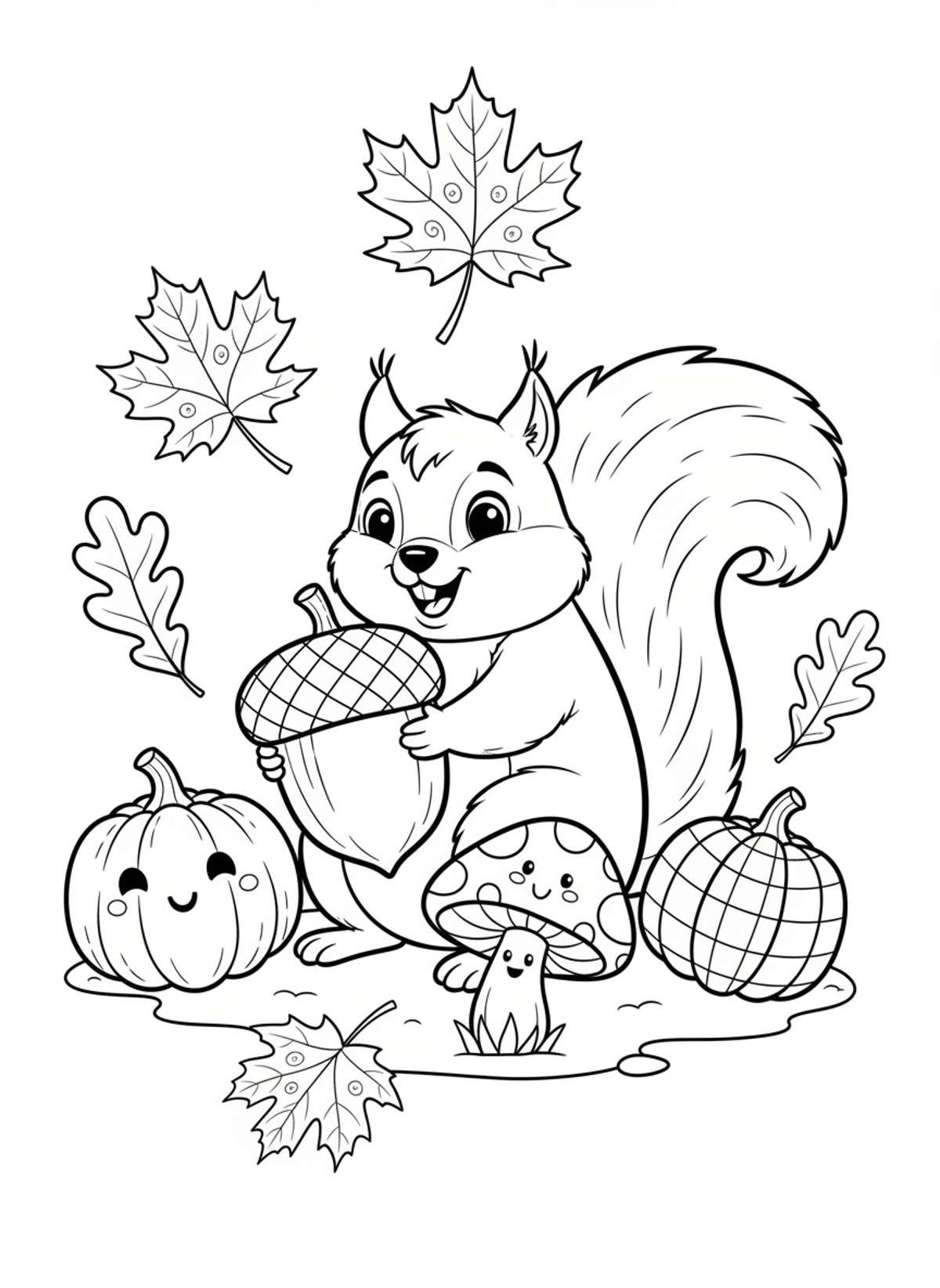 Adorable Squirrel with Acorn & Autumn Leaves Kids Coloring Page