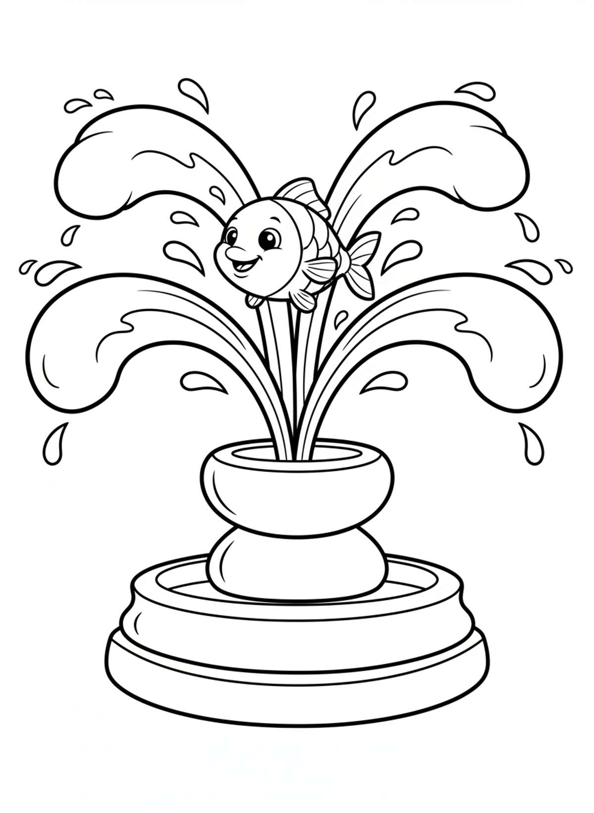 Adorable Water Fountain & Playful Fish Coloring Page for Kids - Ocean Animal Coloring Page