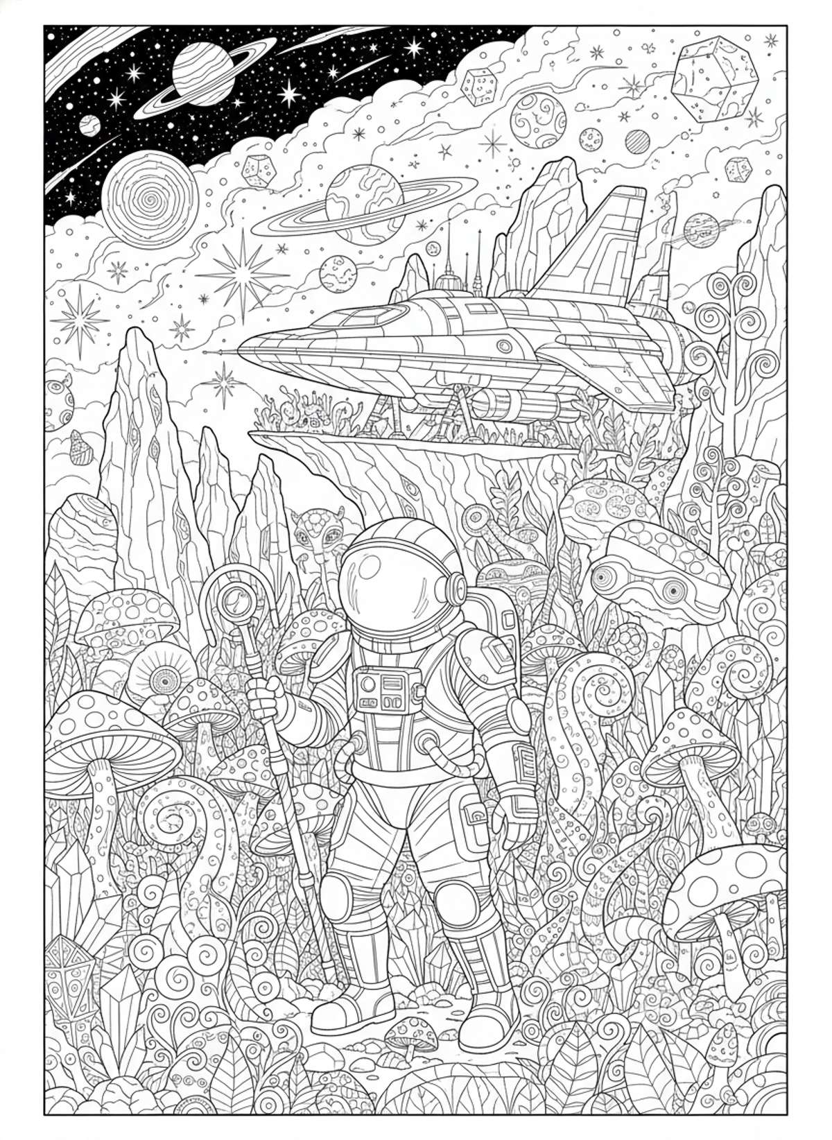 Astronaut's Alien Planet Adventure Coloring Page for Kids 8-10