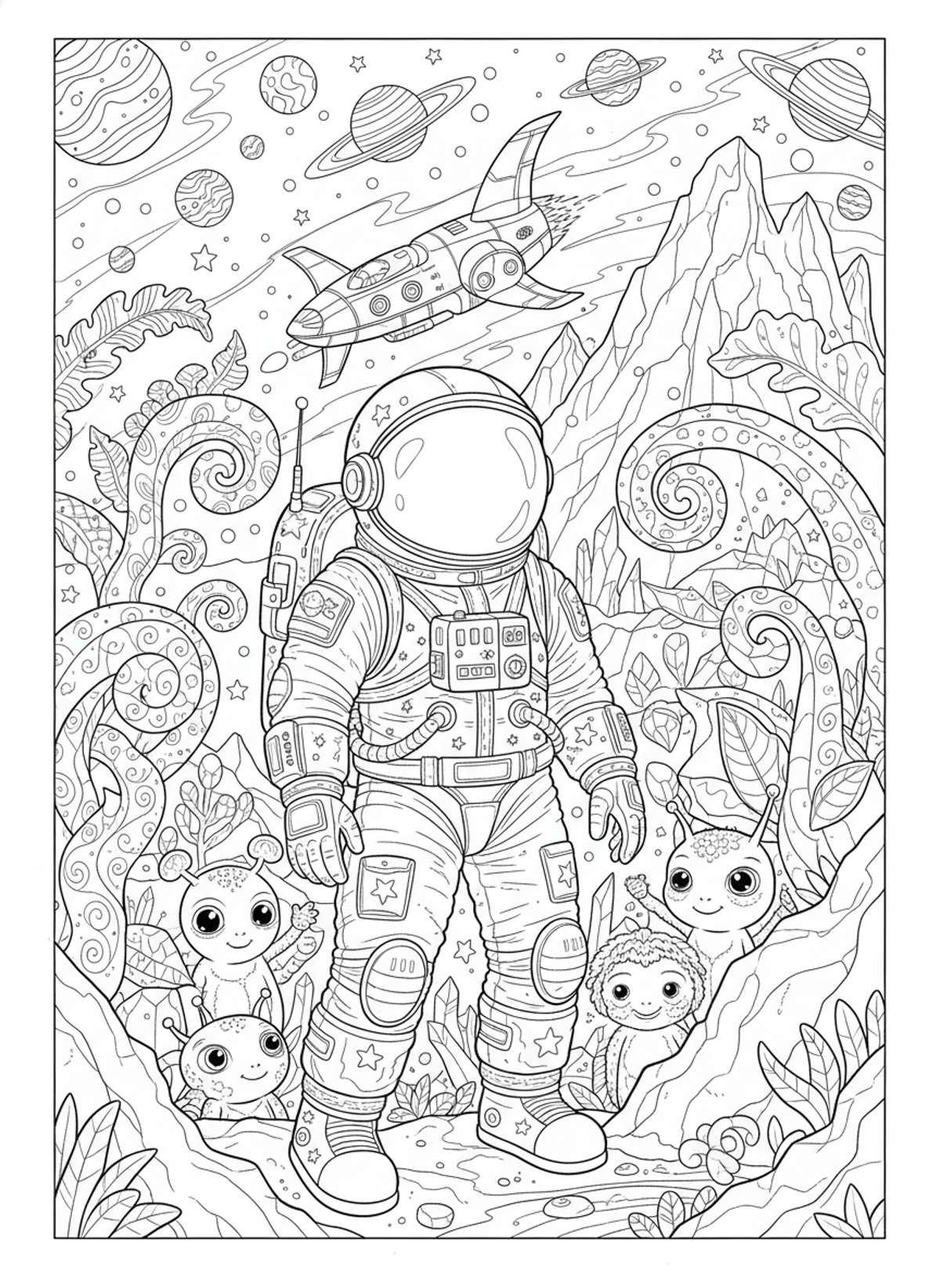 Astronaut's Detailed Alien Planet Exploration Coloring Page for Kids