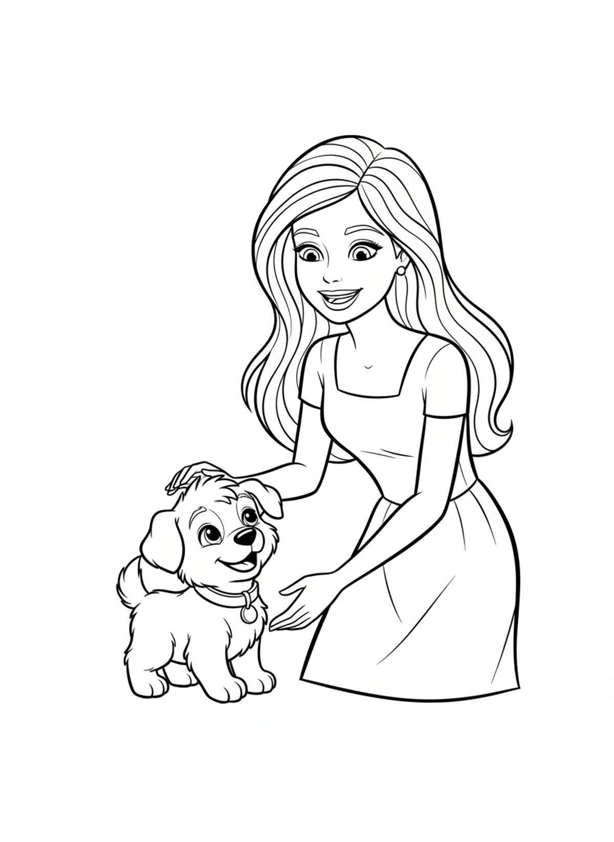 Barbie and Puppy Fun Coloring Page - Dog Coloring Page