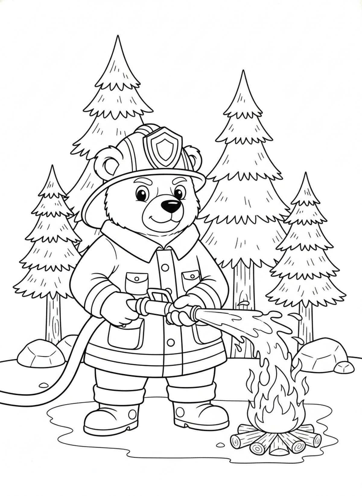 Brave Animal Firefighter: Forest Adventure Coloring Page - Bear Coloring Page