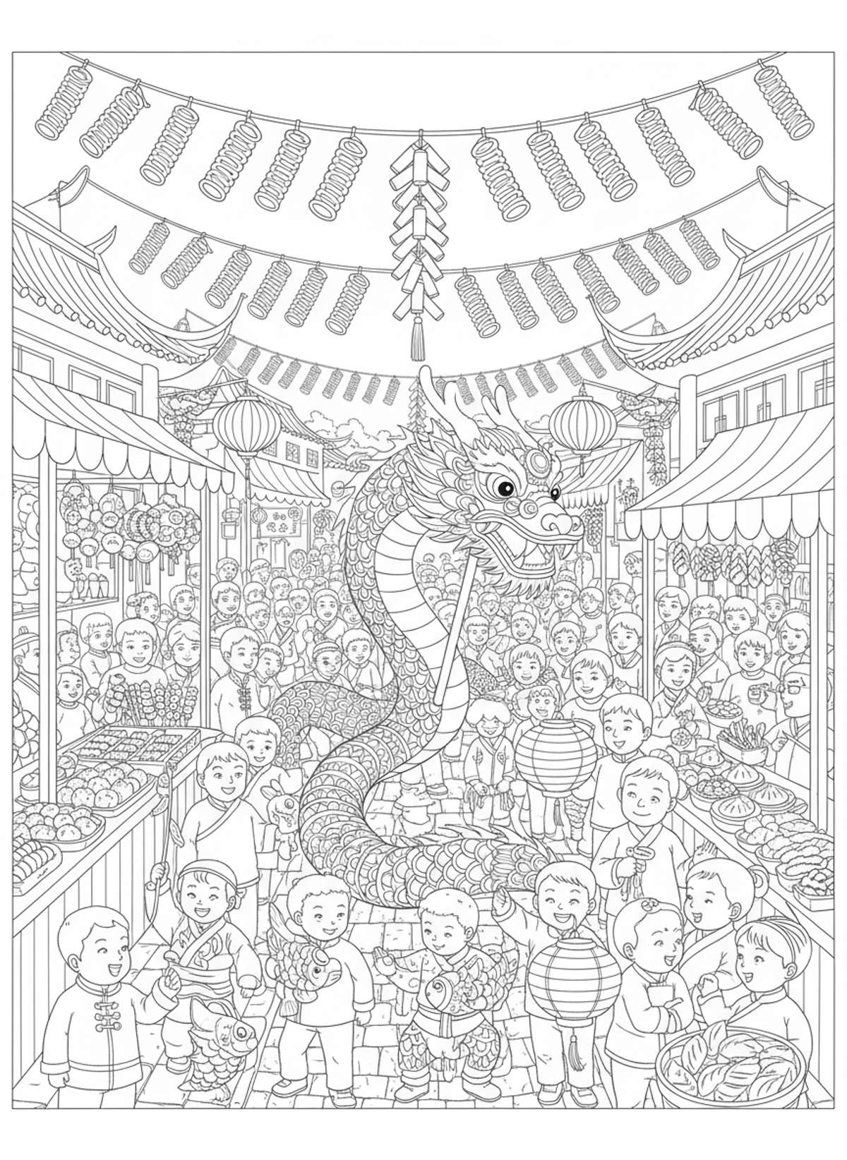 Bustling Chinese New Year Festival Street Scene Coloring Page - Festival Celebration Coloring Page