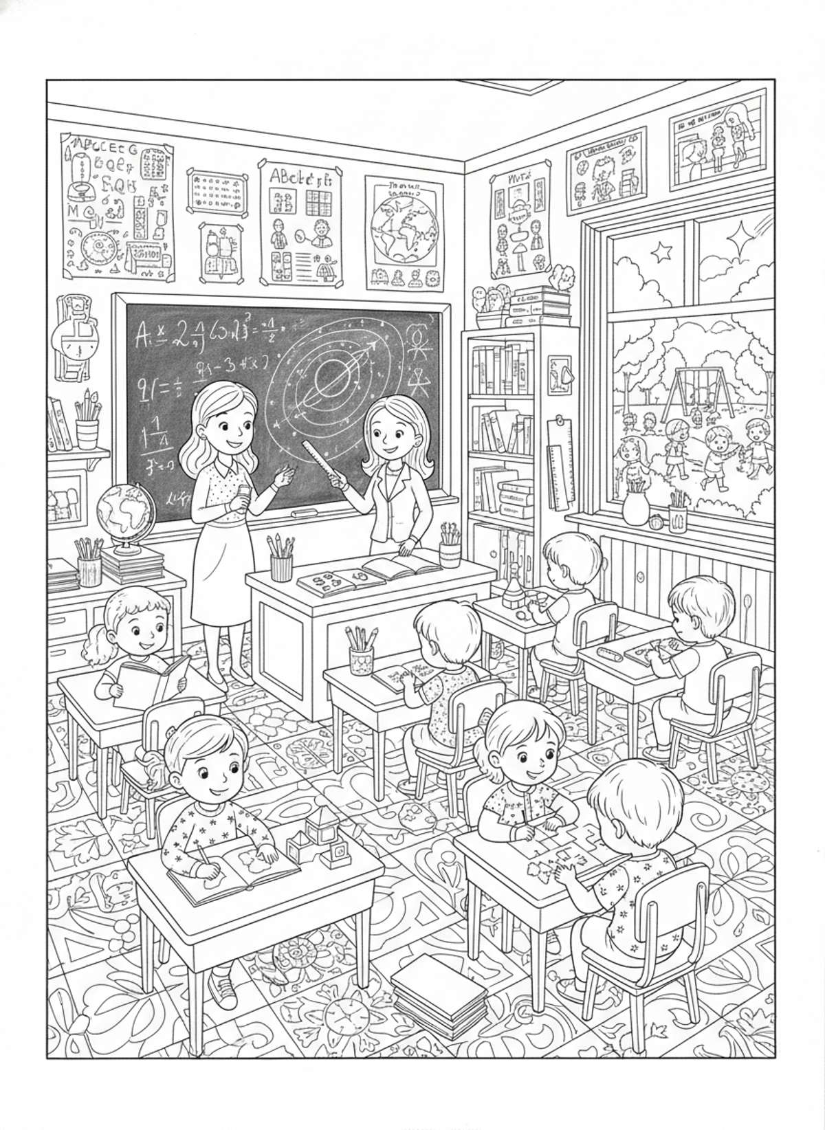 Bustling School Classroom Coloring Page for Kids