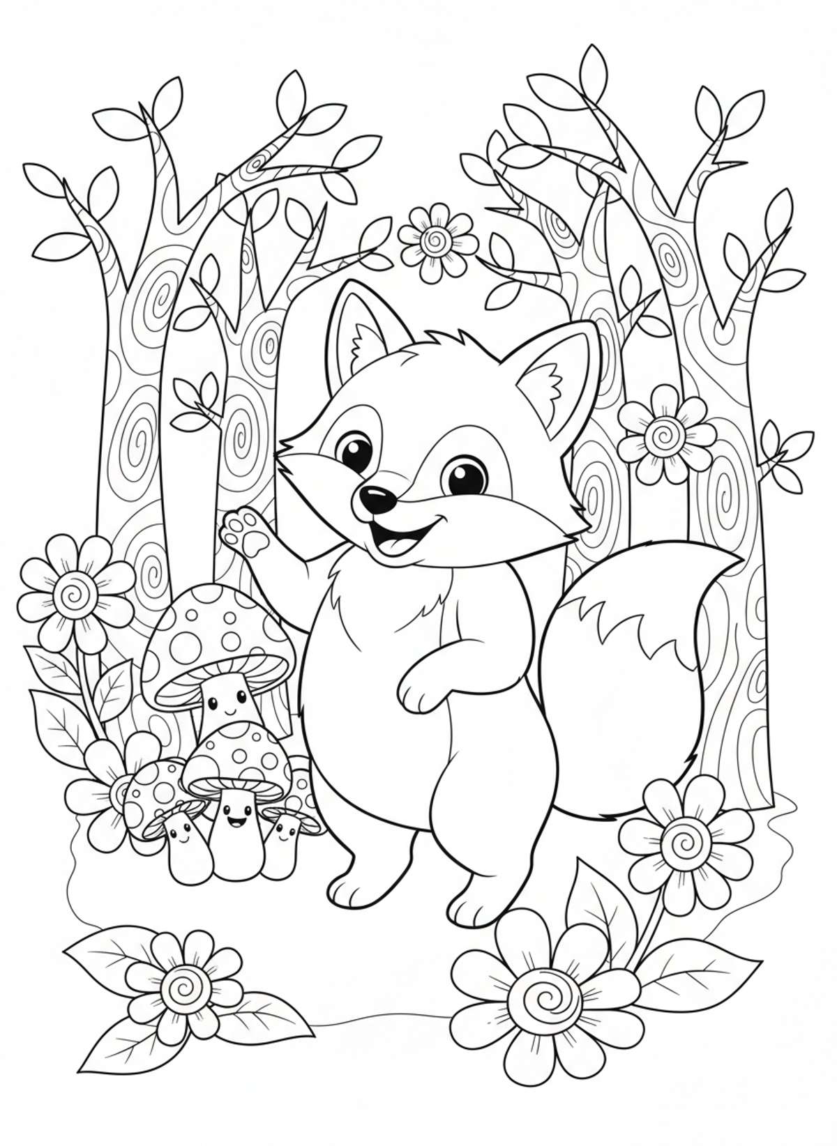 Charming Cartoon Fox in a Whimsical Forest Coloring Page