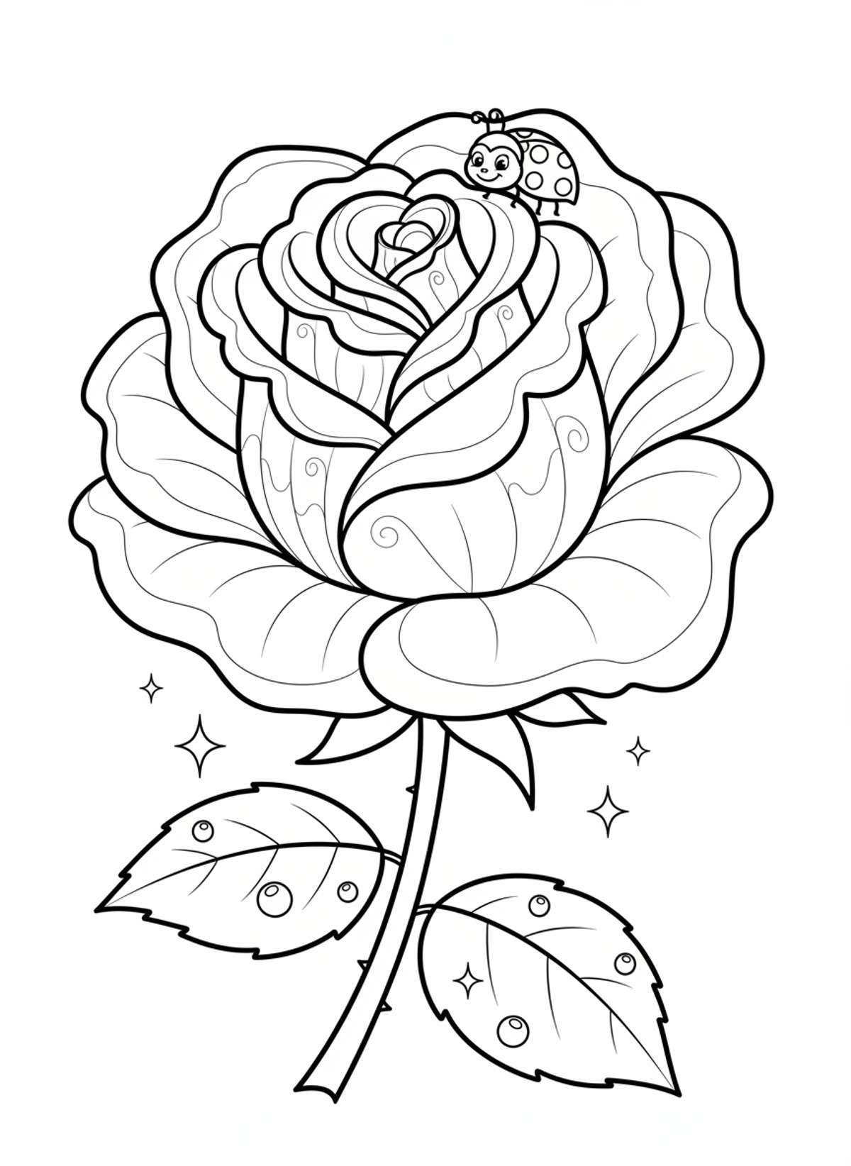 Charming Cartoon Rose with Friendly Ladybug Coloring Page