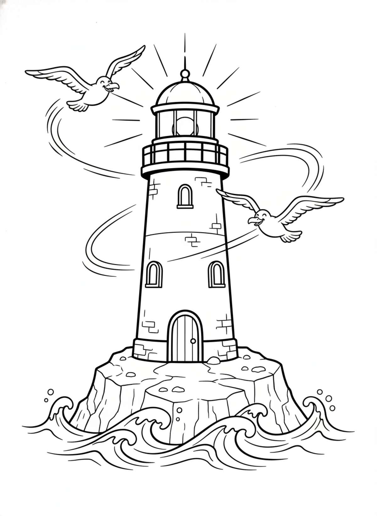 Charming Lighthouse & Friendly Seagulls Kids Coloring Page