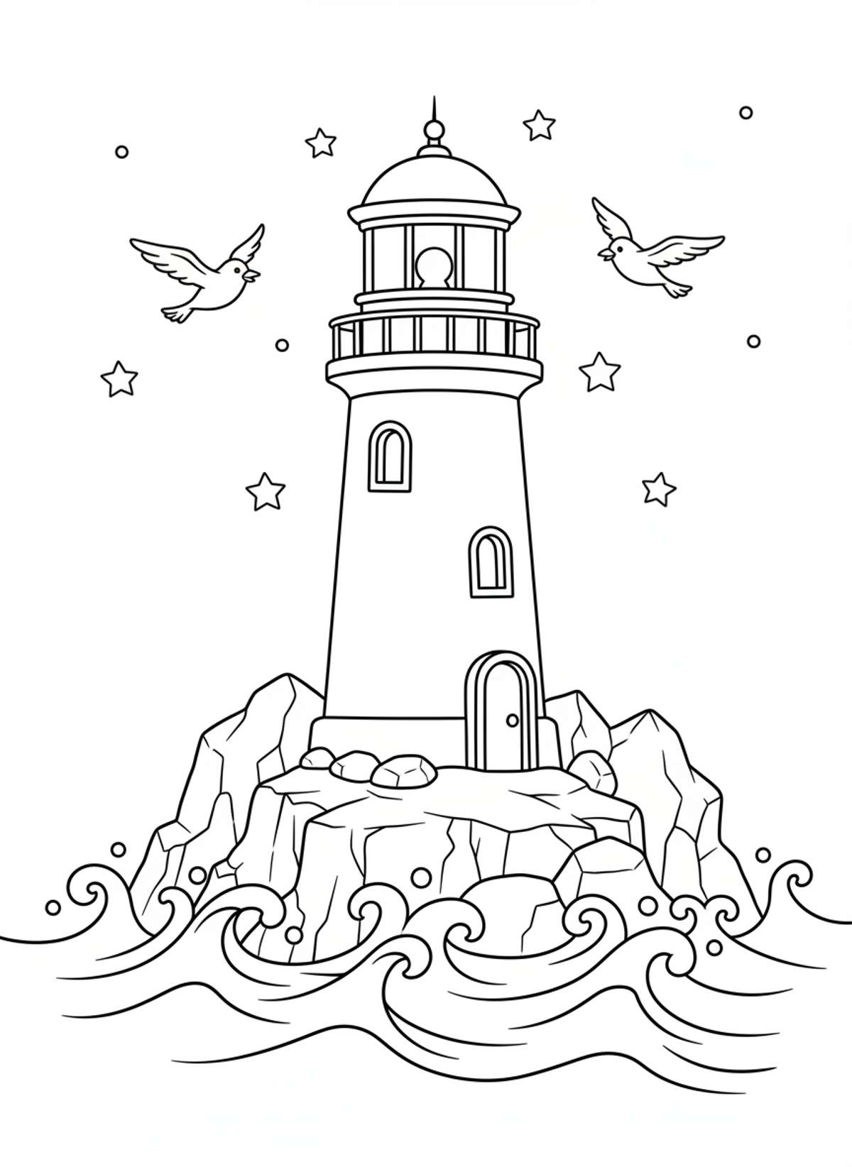 Charming Lighthouse on Rocky Coast Coloring Page for Kids