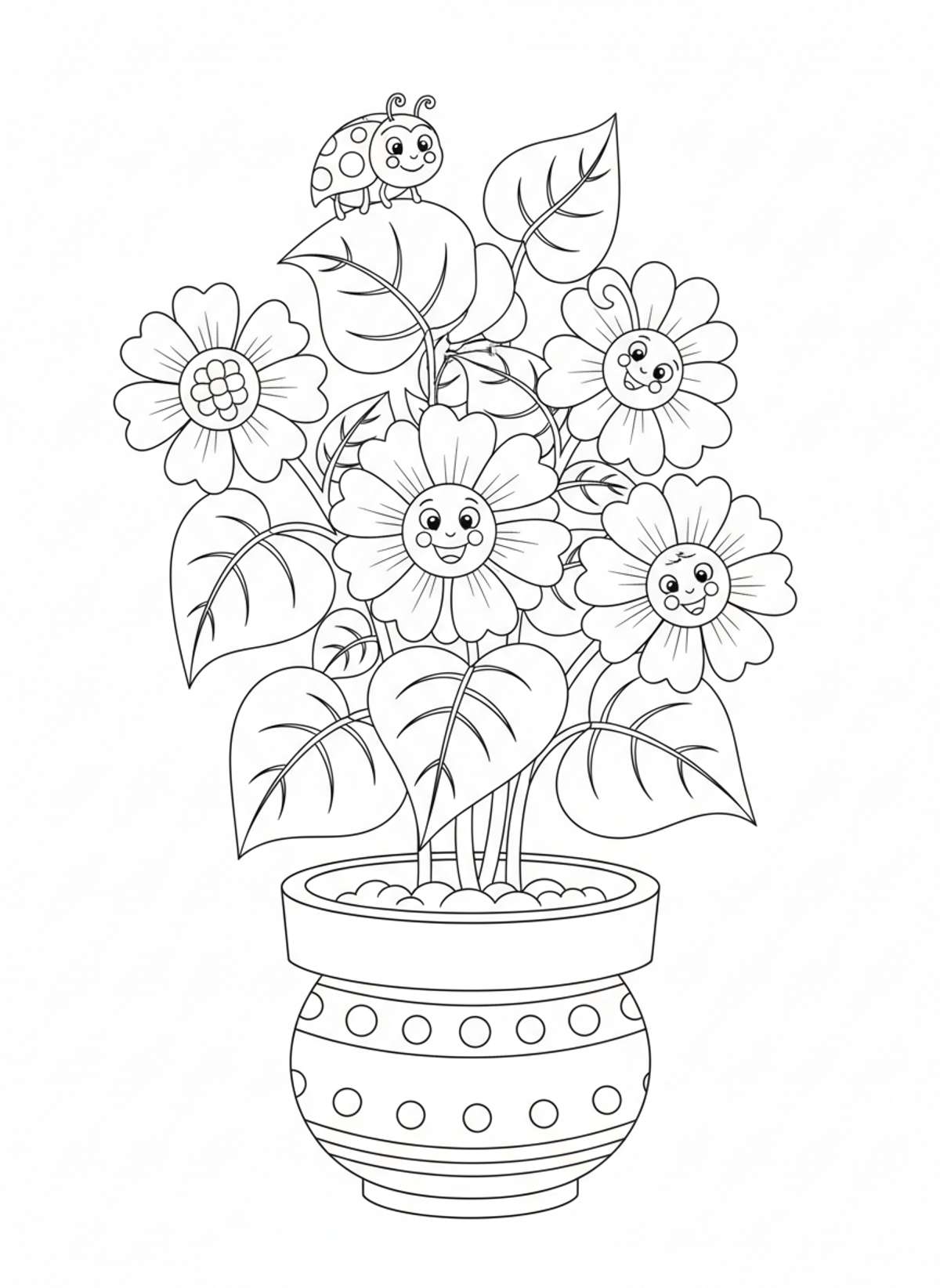 Charming Potted Plant with Ladybug Coloring Page for Kids - Flowers Coloring Page