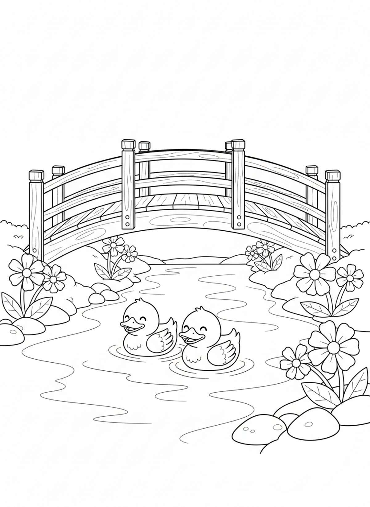 Charming Wooden Bridge & Happy Ducks Coloring Page for Kids