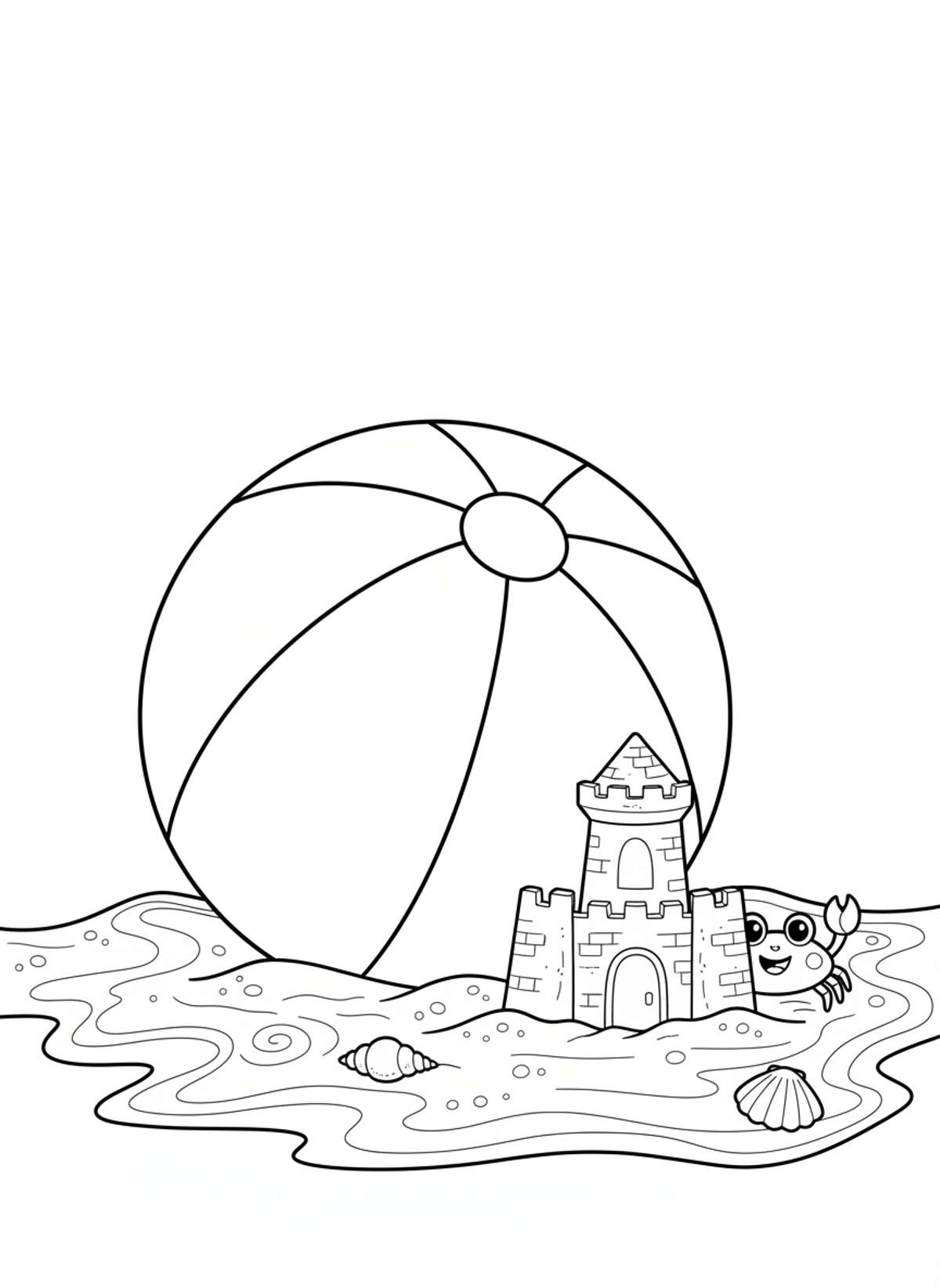 Cheerful Beach Day Coloring: Sandcastle, Beach Ball & Friendly Crab