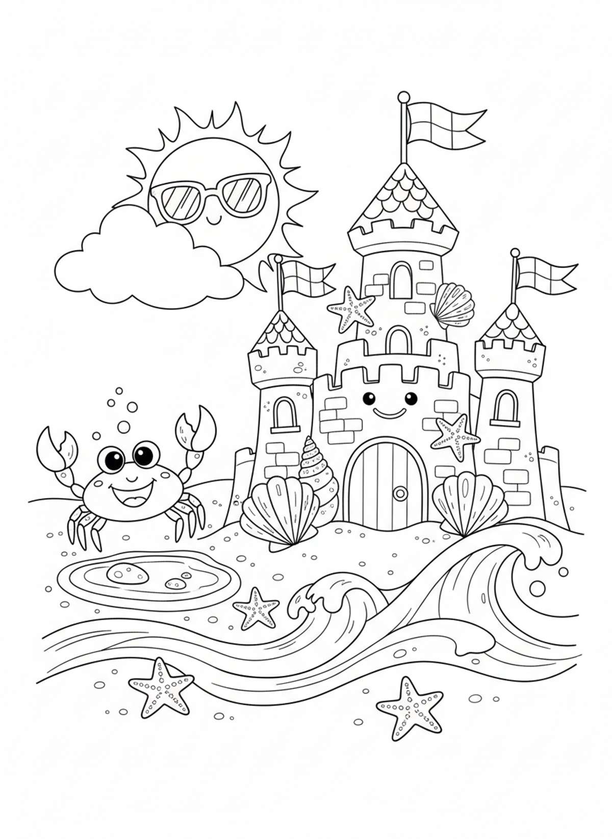 Cheerful Beach Fun Coloring Page: Sandcastle, Crab & Playful Sun
