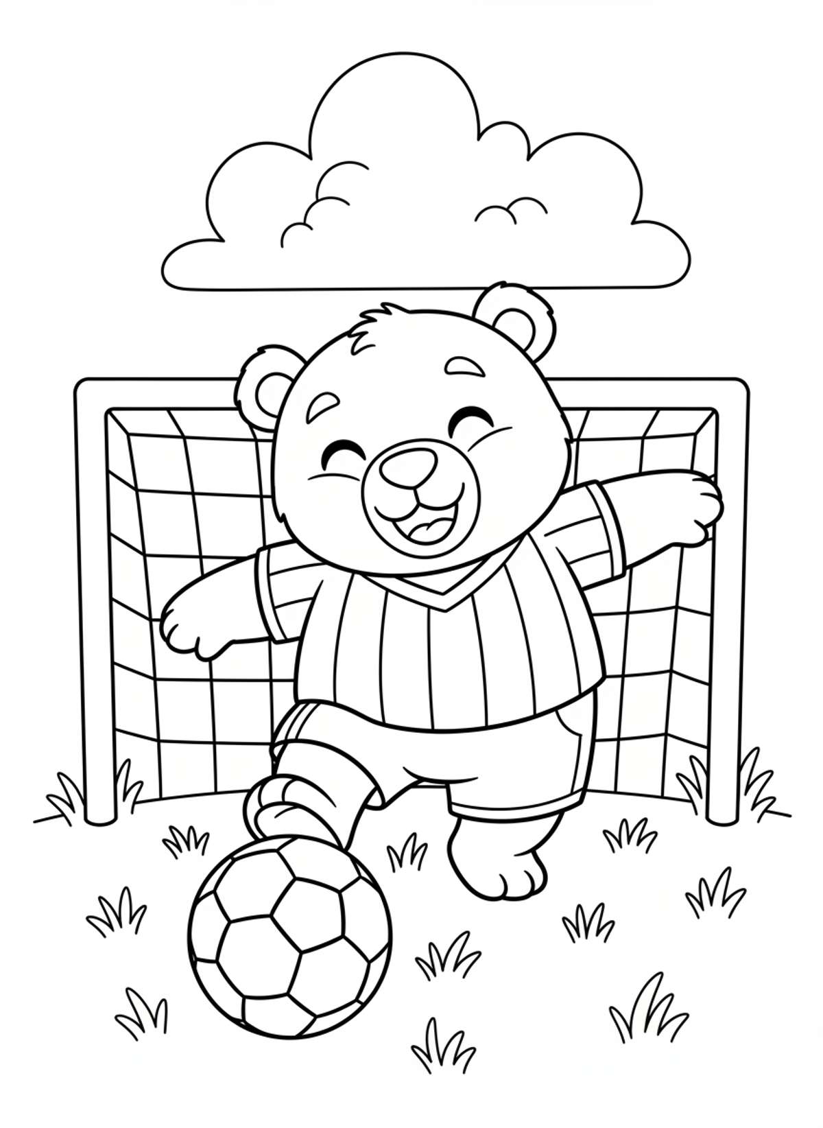 Cheerful Bear Kicks Soccer Ball Coloring Page - Bear Coloring Page