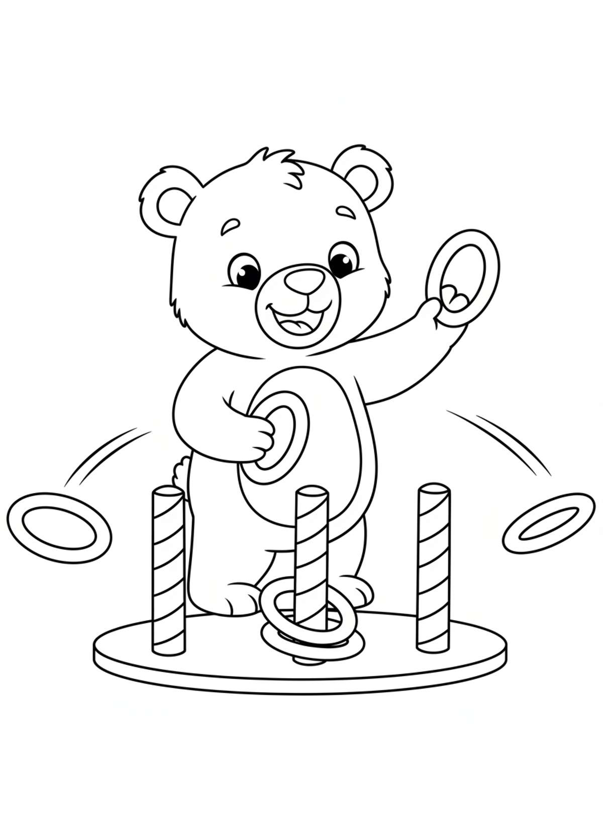 Cheerful Bear Playing Ring Toss Coloring Page for Kids - Bear Coloring Page