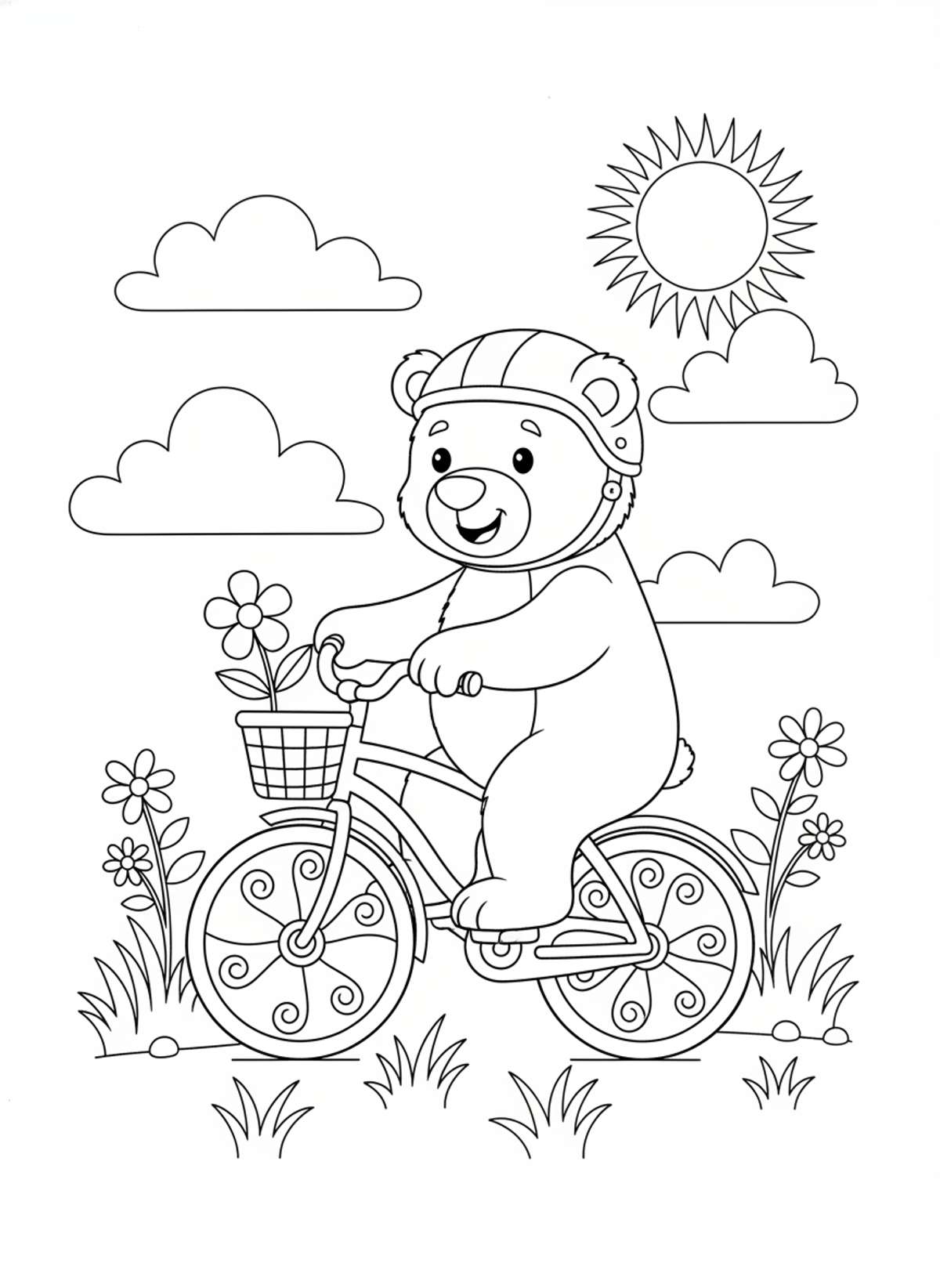 Cheerful Bear Riding a Bicycle in the Park Coloring Page for Kids - Bear Coloring Page