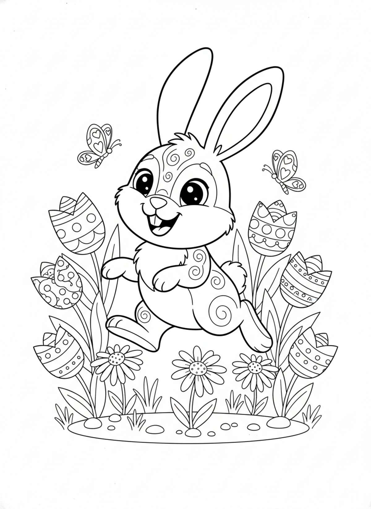 Cheerful Bunny in Spring Garden Coloring Page for Kids