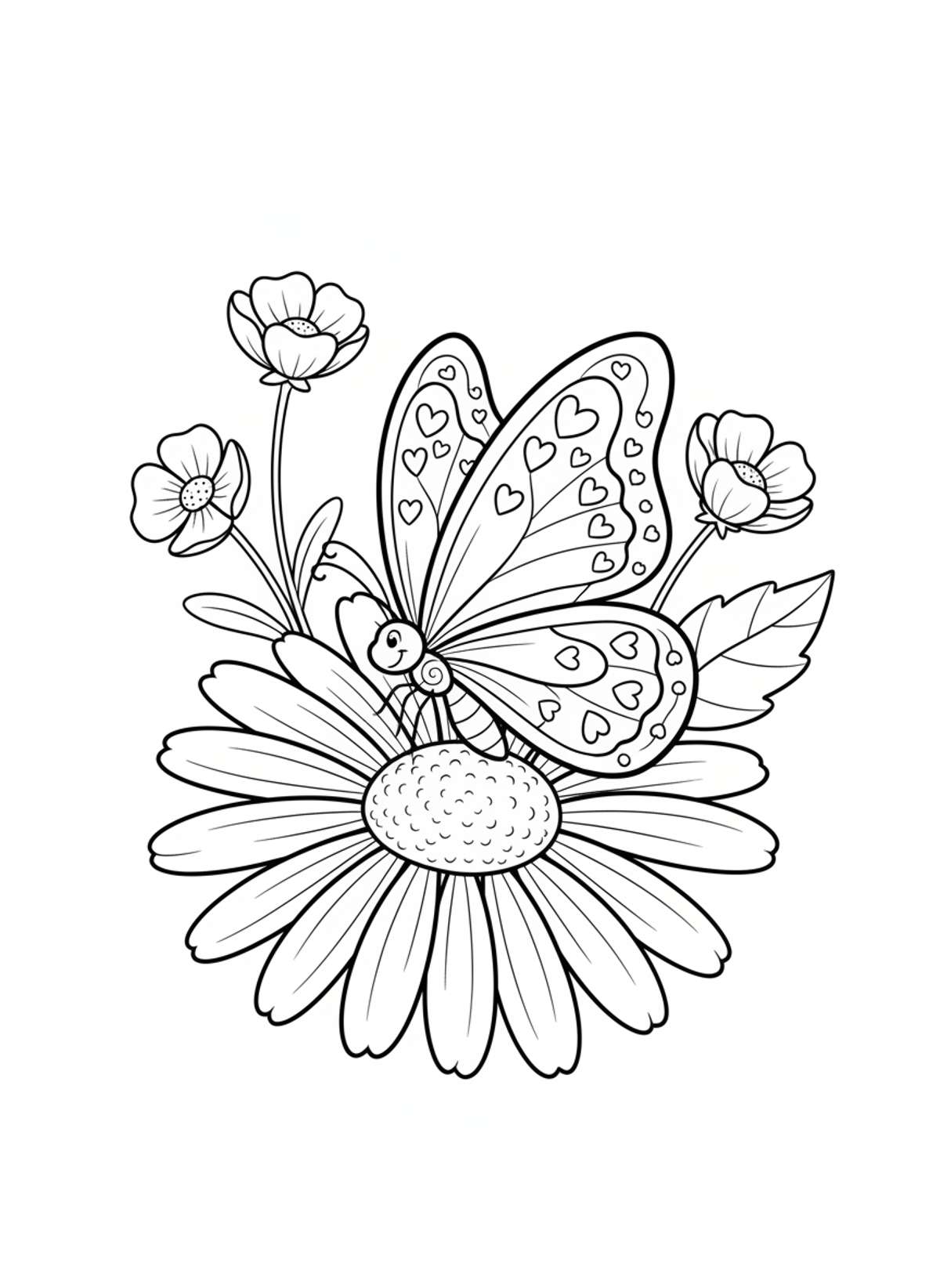 Cheerful Butterfly on a Daisy Coloring Page for Kids