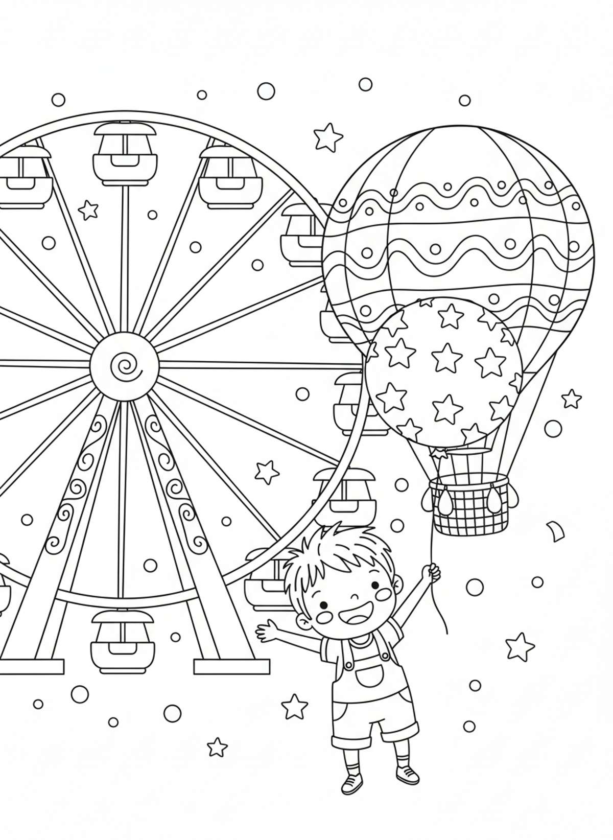 Cheerful Carnival Adventure: Ferris Wheel & Hot Air Balloon Coloring Page - Festival Celebration Coloring Page