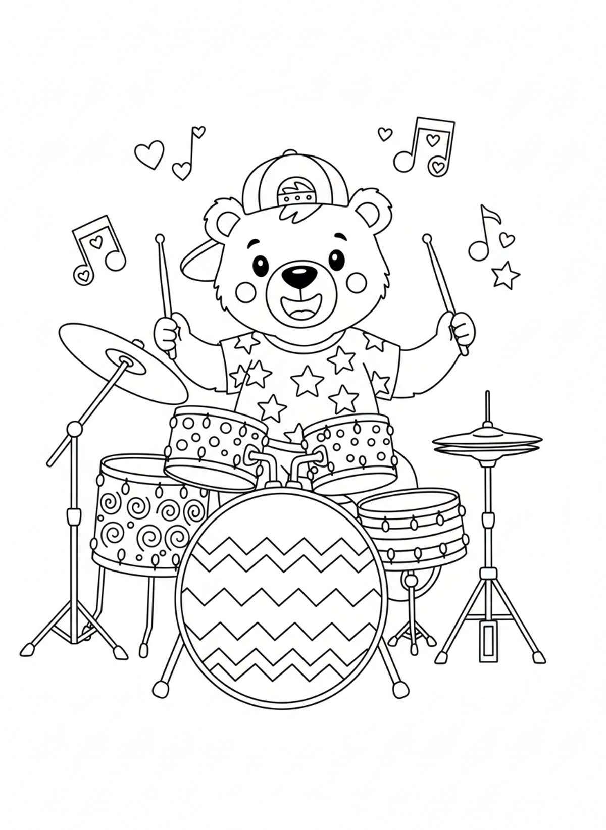 Cheerful Cartoon Bear Playing Drums Coloring Page for Kids - Bear Coloring Page