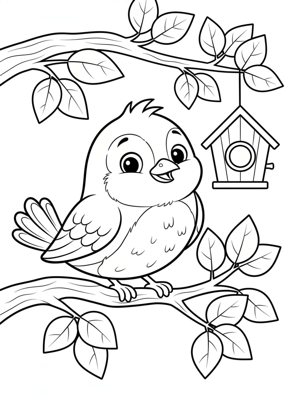 Cheerful Cartoon Bird on Branch Coloring Page for Kids 5-8 - Bird Coloring Page