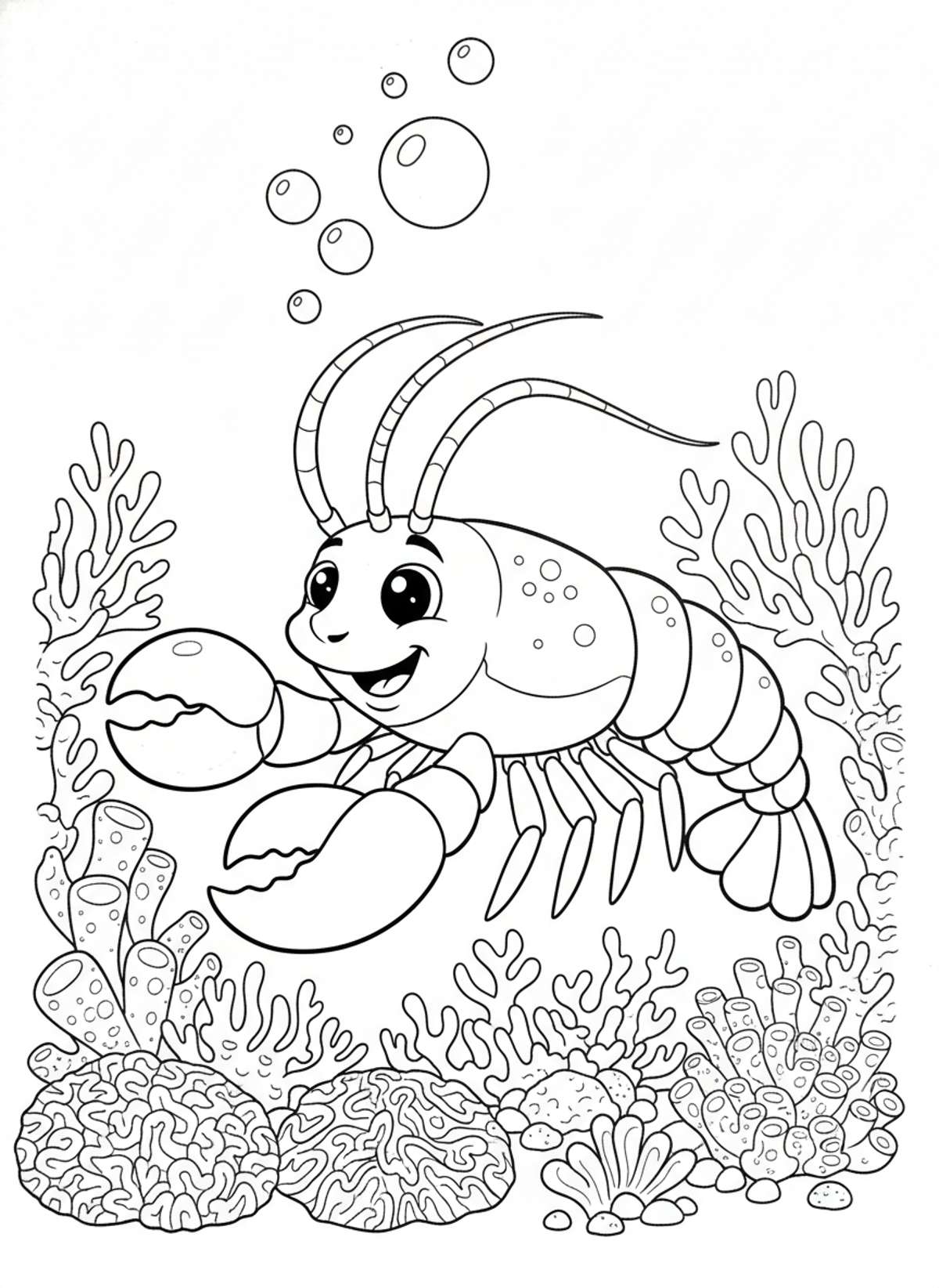 Cheerful Cartoon Lobster & Coral Reef Coloring Page for Kids - Ocean Animal Coloring Page
