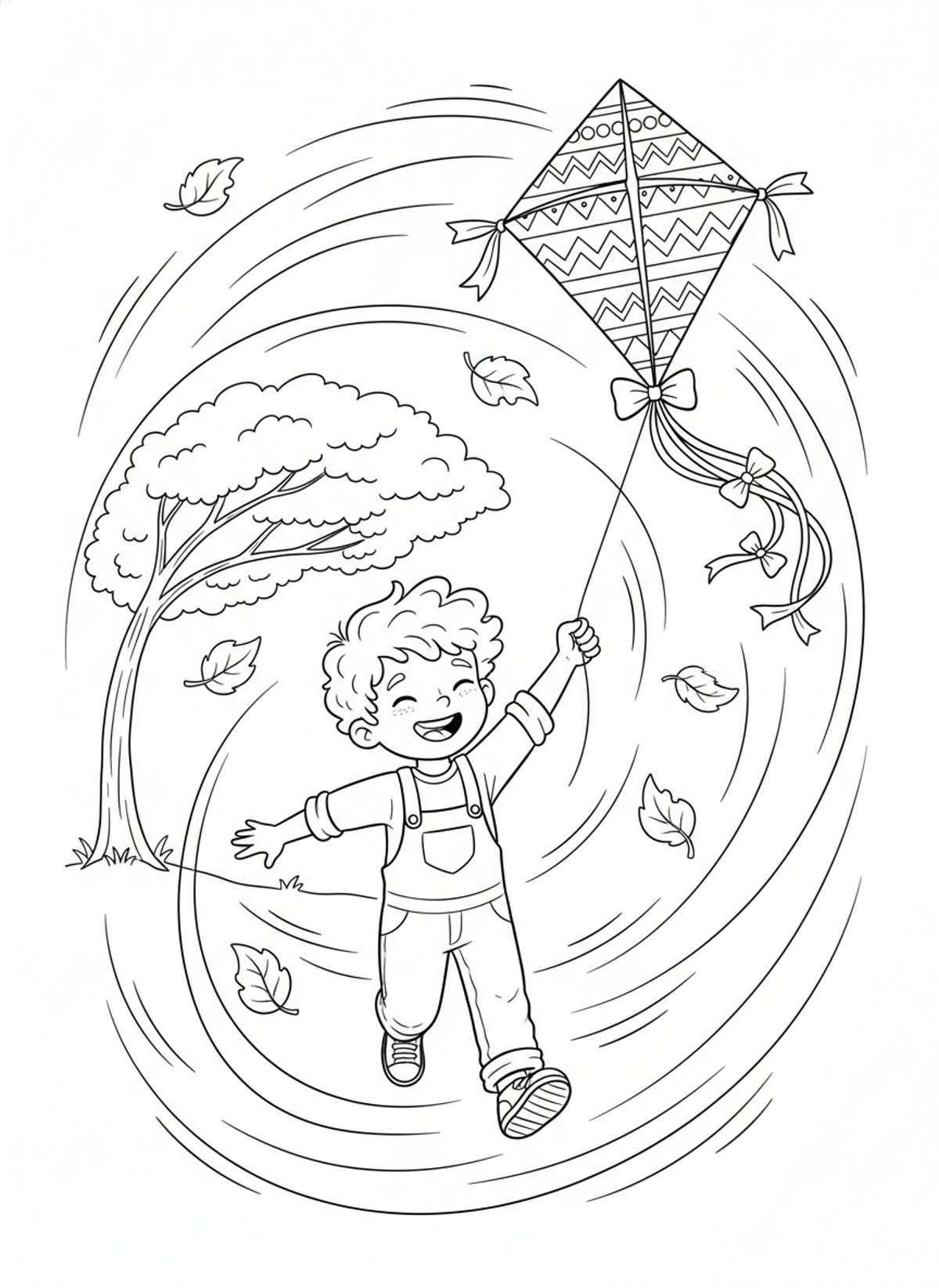 Cheerful Child Flying a Kite in a Breezy Park Coloring Page
