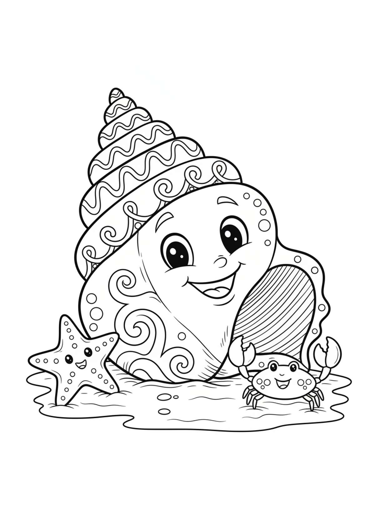 Cheerful Conch Shell Adventure: Cute Ocean Friends Coloring Page - Ocean Animal Coloring Page