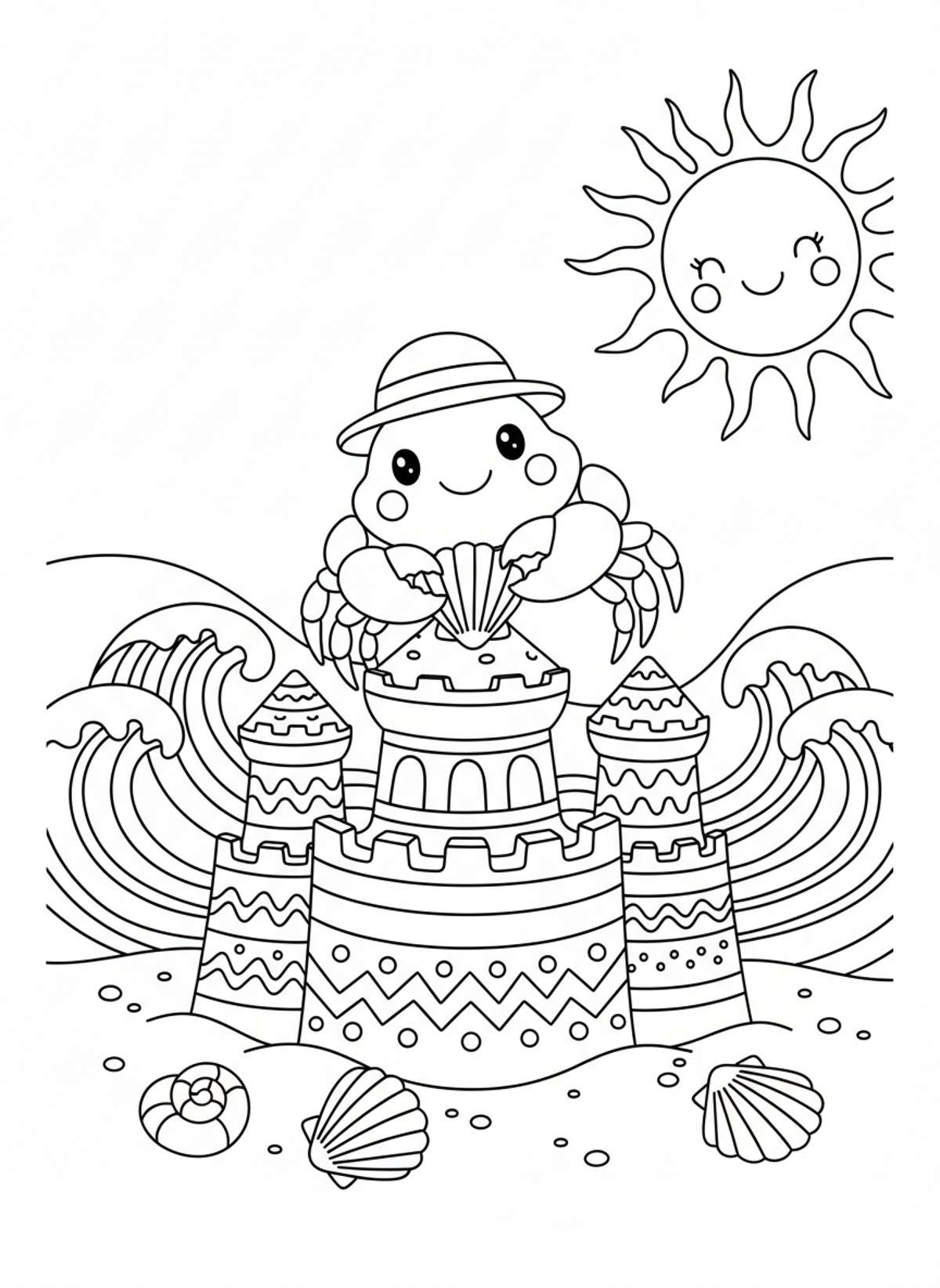 Cheerful Crab Building Sandcastle Coloring Page for Kids - Crab Coloring Page