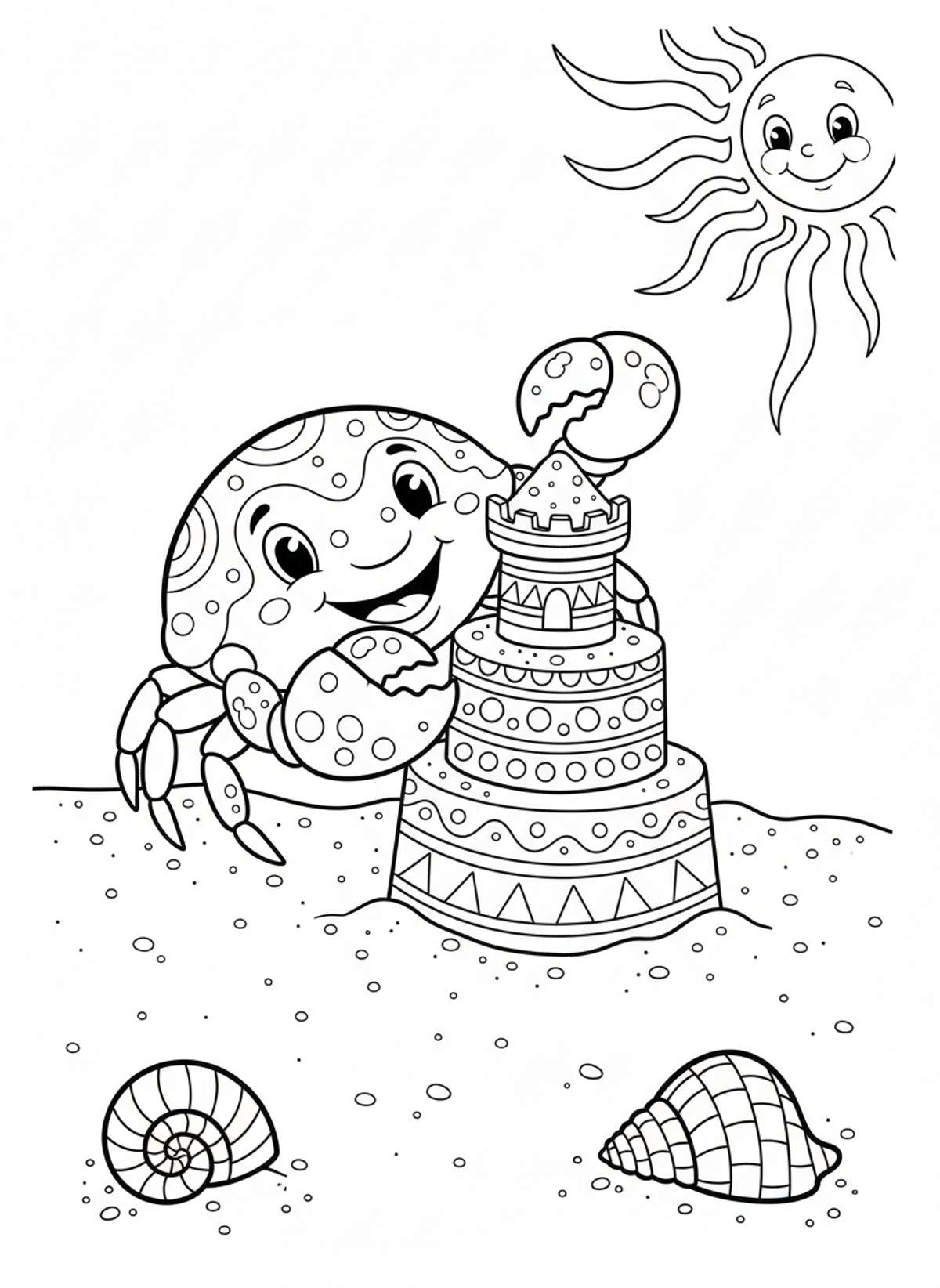 Cheerful Crab Building Sandcastles Coloring Page - Crab Coloring Page