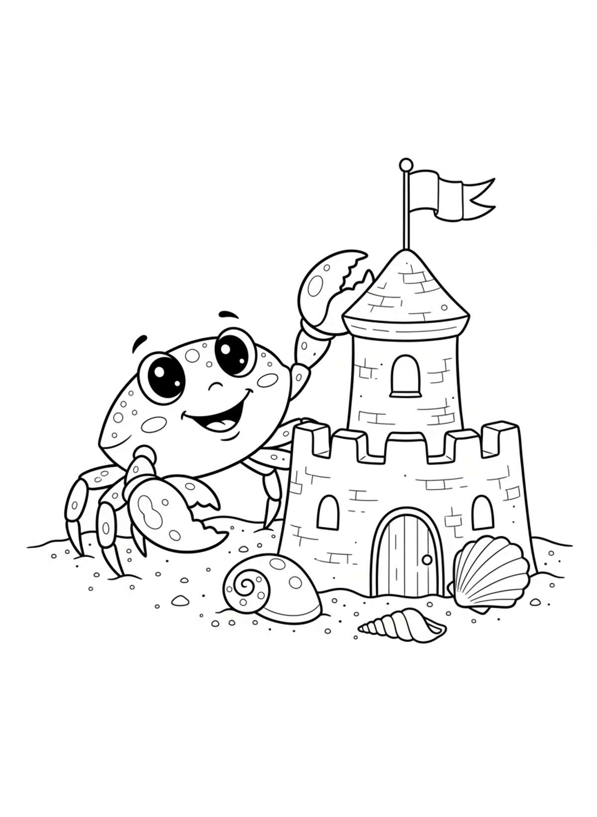 Cheerful Crab Builds a Sandcastle on the Beach Coloring Page - Crab Coloring Page