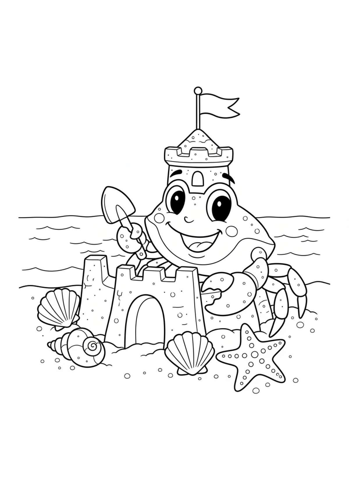 Cheerful Crab Builds Sandcastle Coloring Page for Kids - Crab Coloring Page
