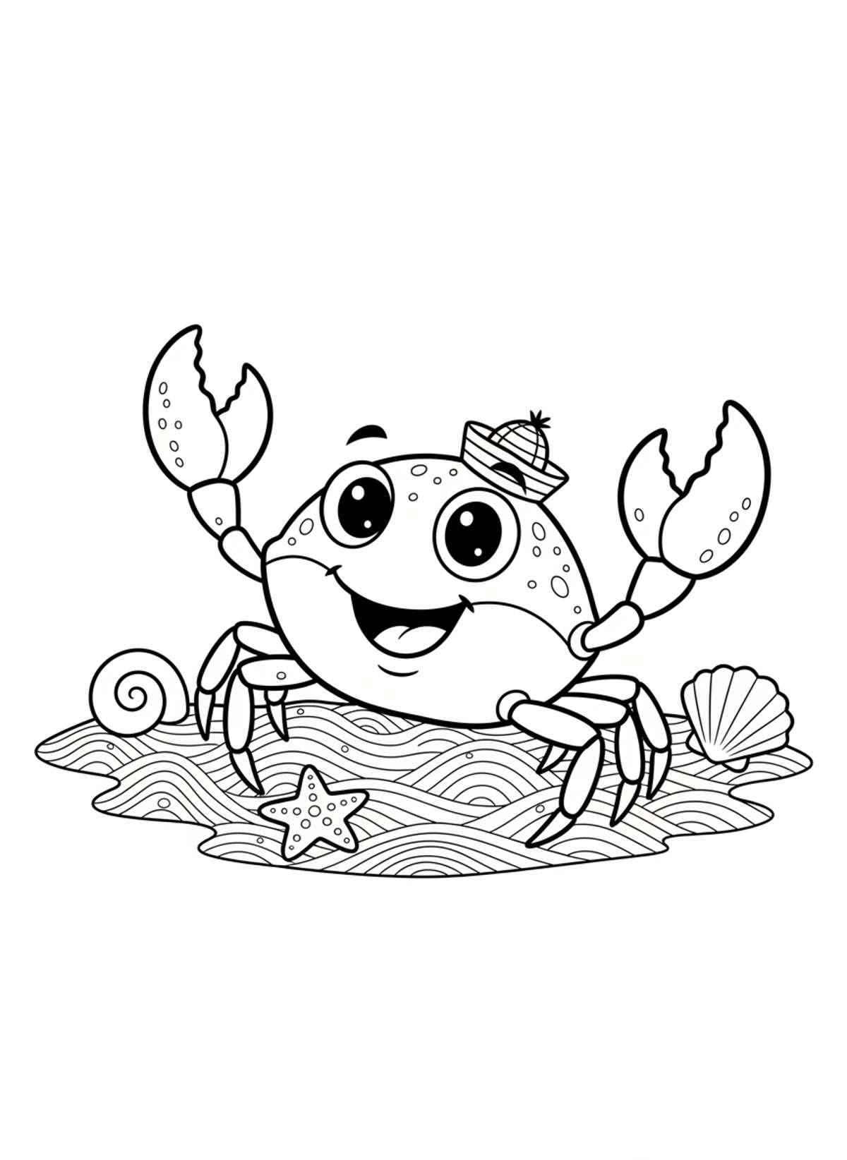 Cheerful Crab on a Sandy Beach Coloring Page for Kids - Crab Coloring Page
