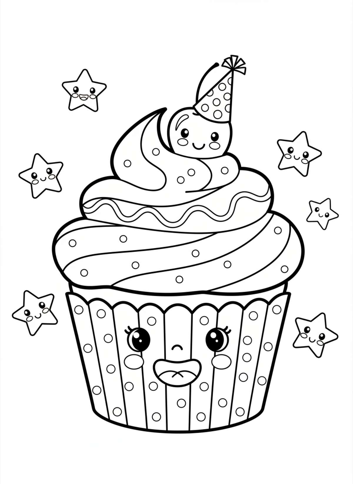 Cheerful Cupcake Fun: A Sweet Coloring Page for Kids - Dessert Coloring Page
