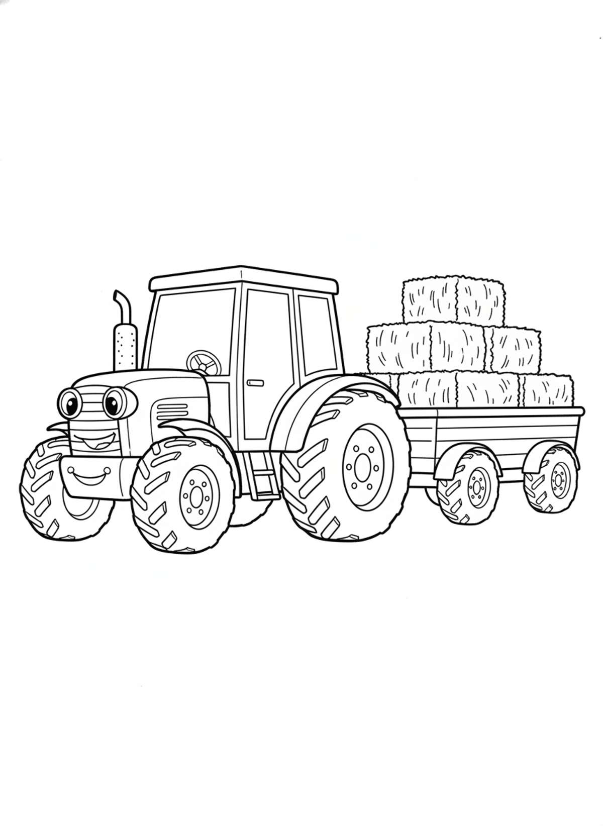 Cheerful Farm Tractor with Hay Bales Coloring Page for Kids