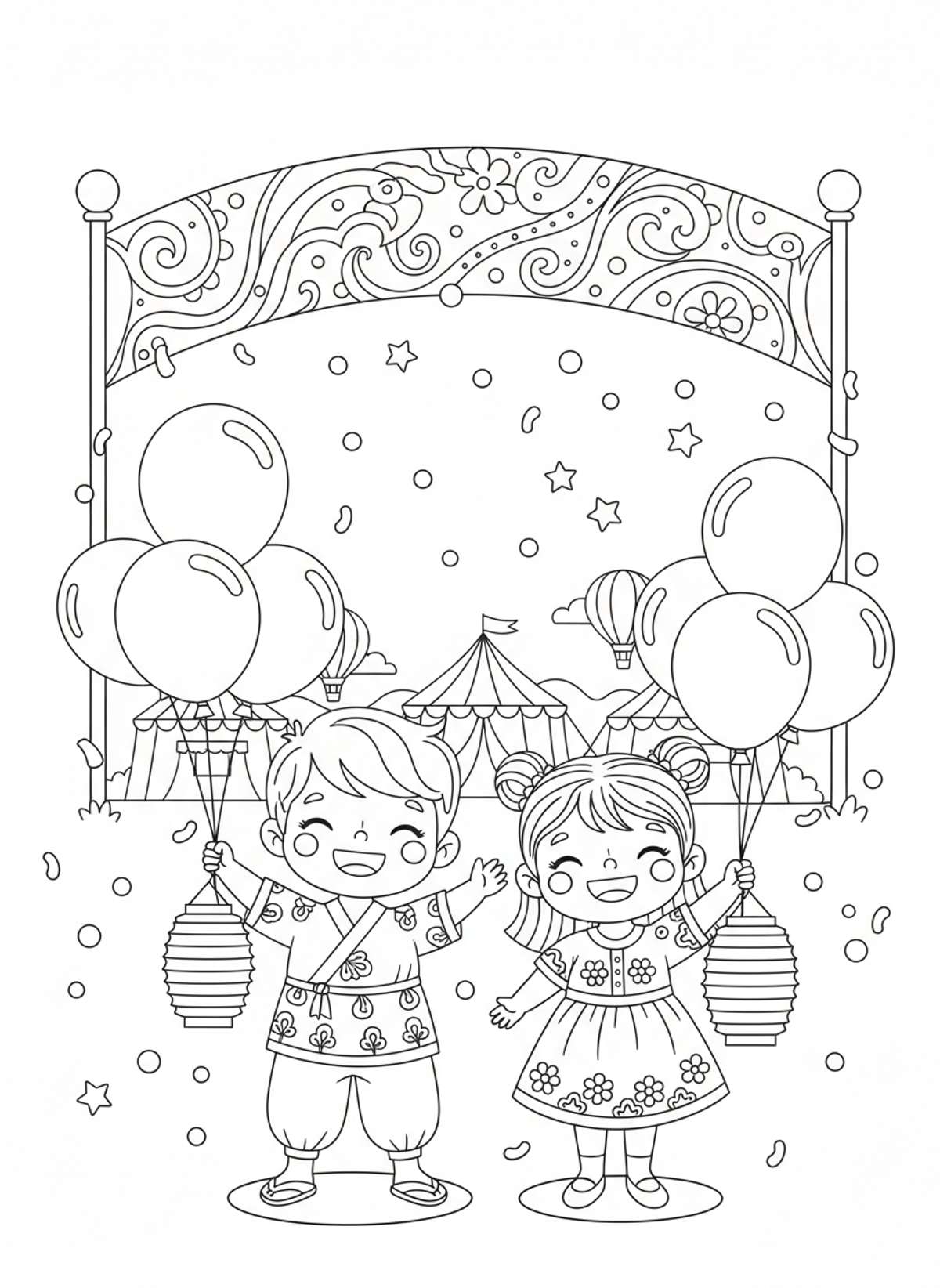 Cheerful Kids Festival: Balloons & Confetti Coloring Page - Festival Celebration Coloring Page