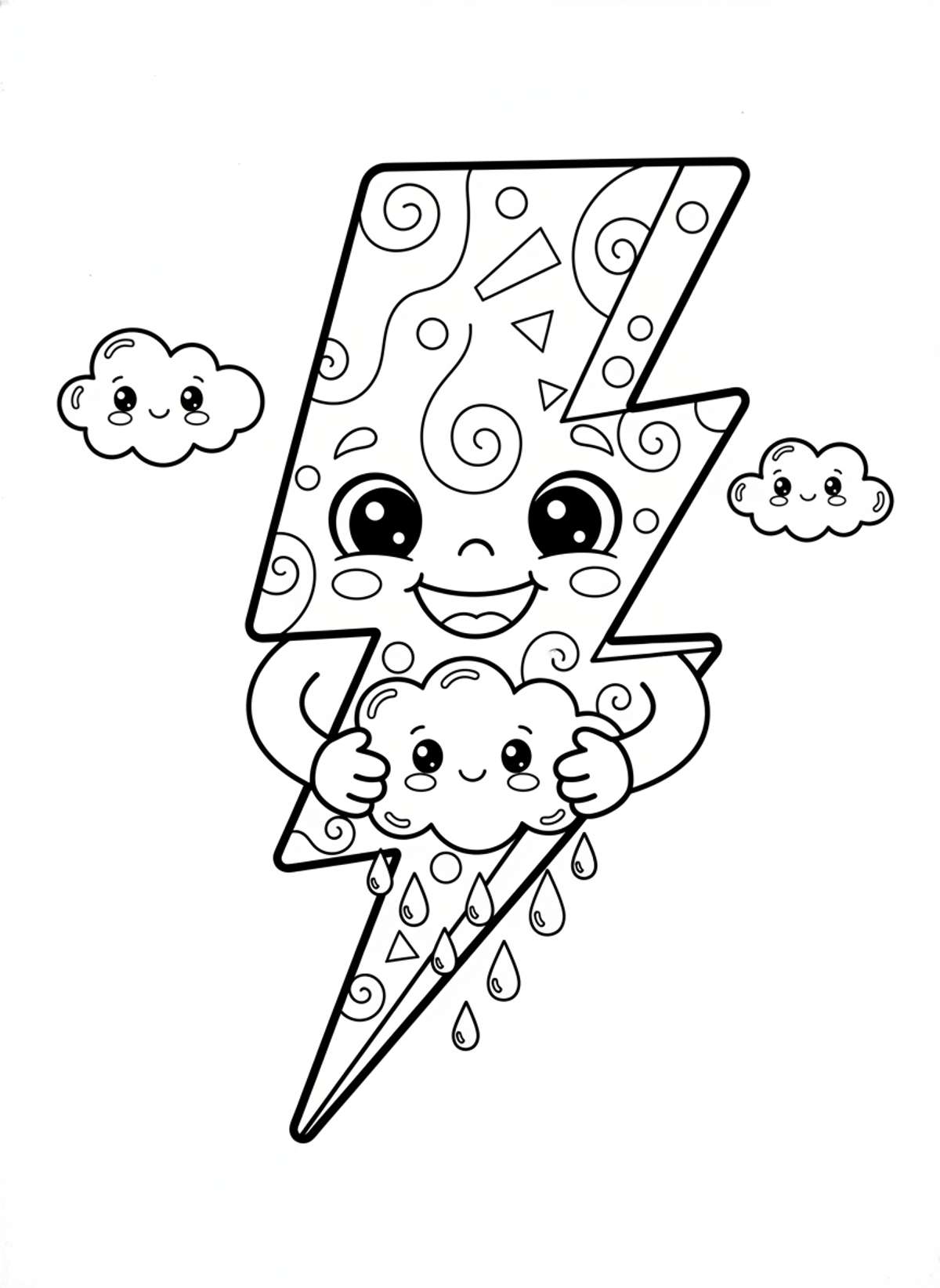 Cheerful Lightning Bolt with Happy Clouds & Raindrops Coloring Page
