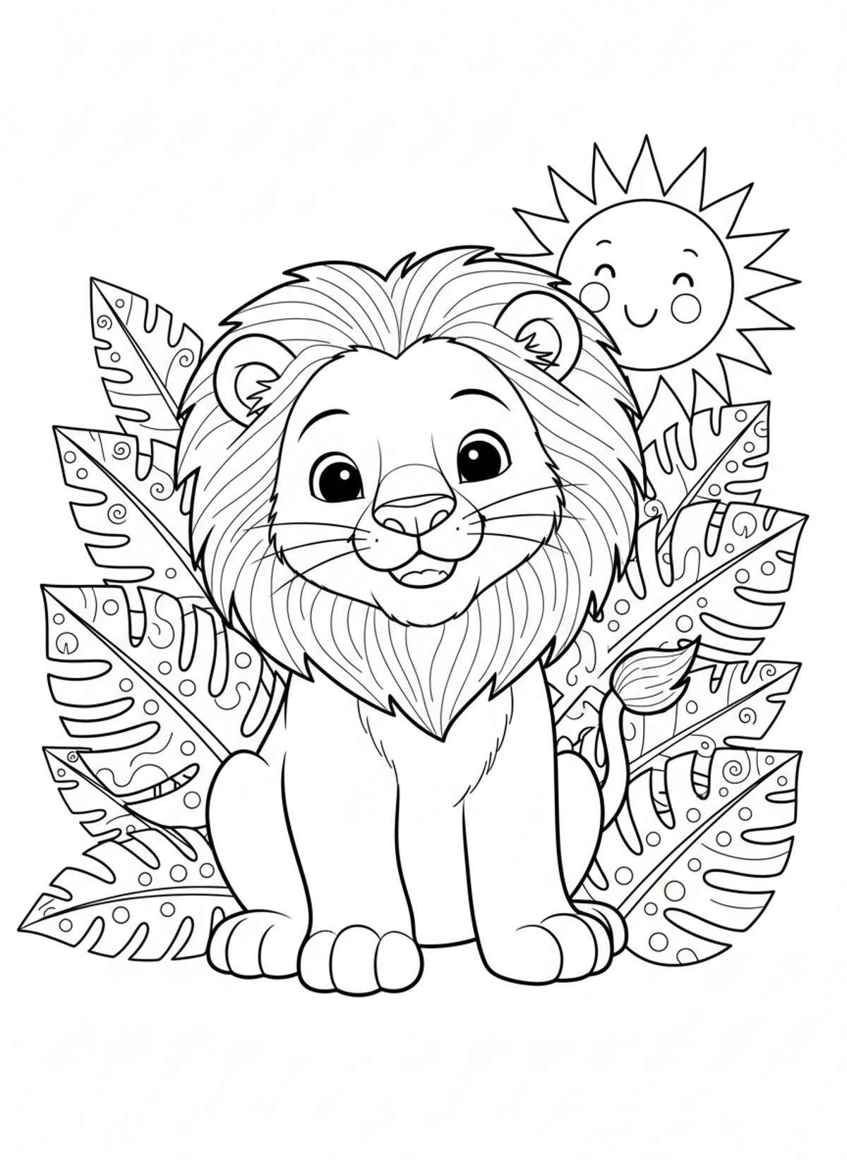 Cheerful Lion Cub in Jungle Fun Coloring Page for Kids