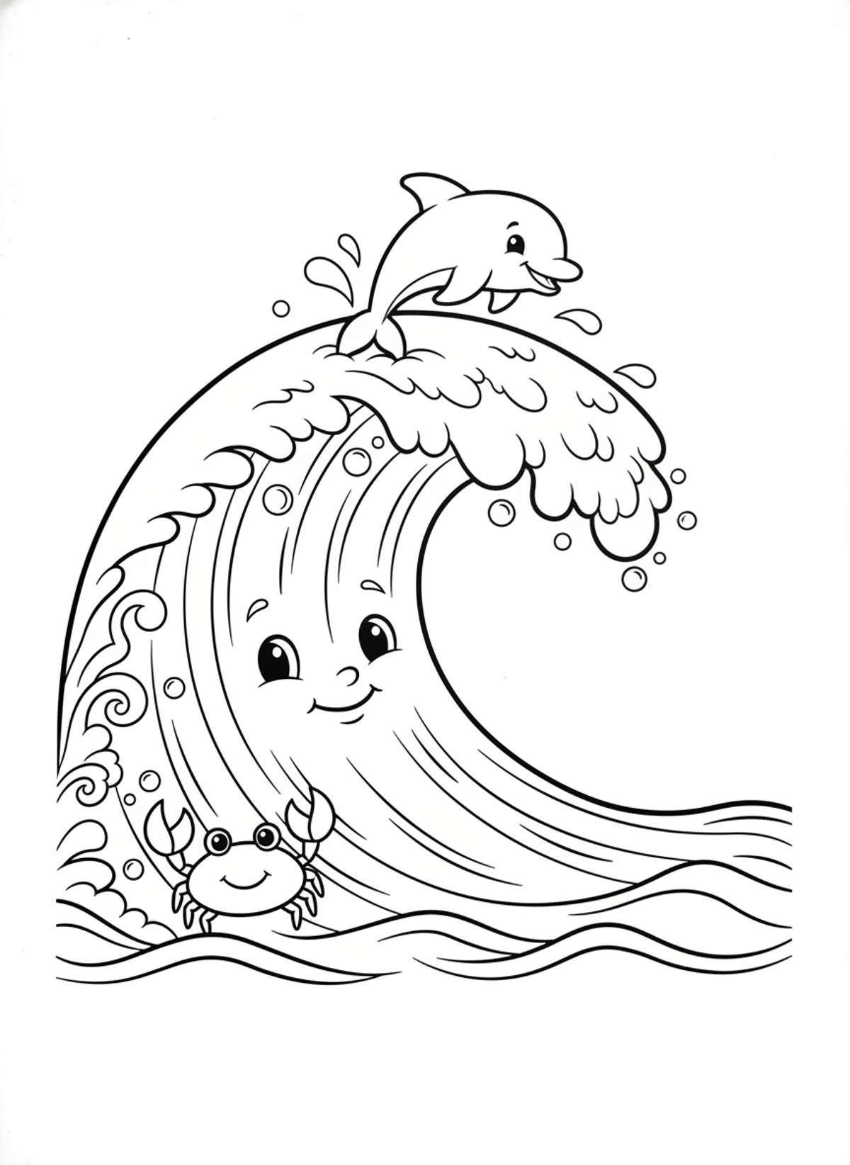 Cheerful Ocean Wave Coloring Page with Dolphin and Crab
