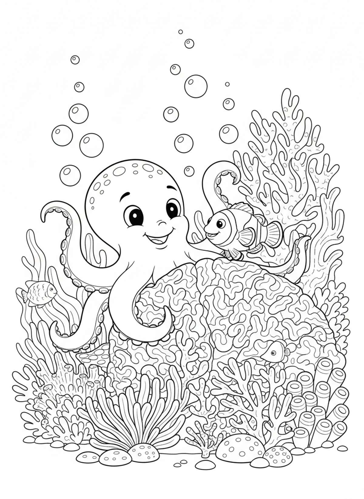 Cheerful Octopus & Clownfish Hide-and-Seek in Coral Reef Coloring Page - Ocean Animal Coloring Page