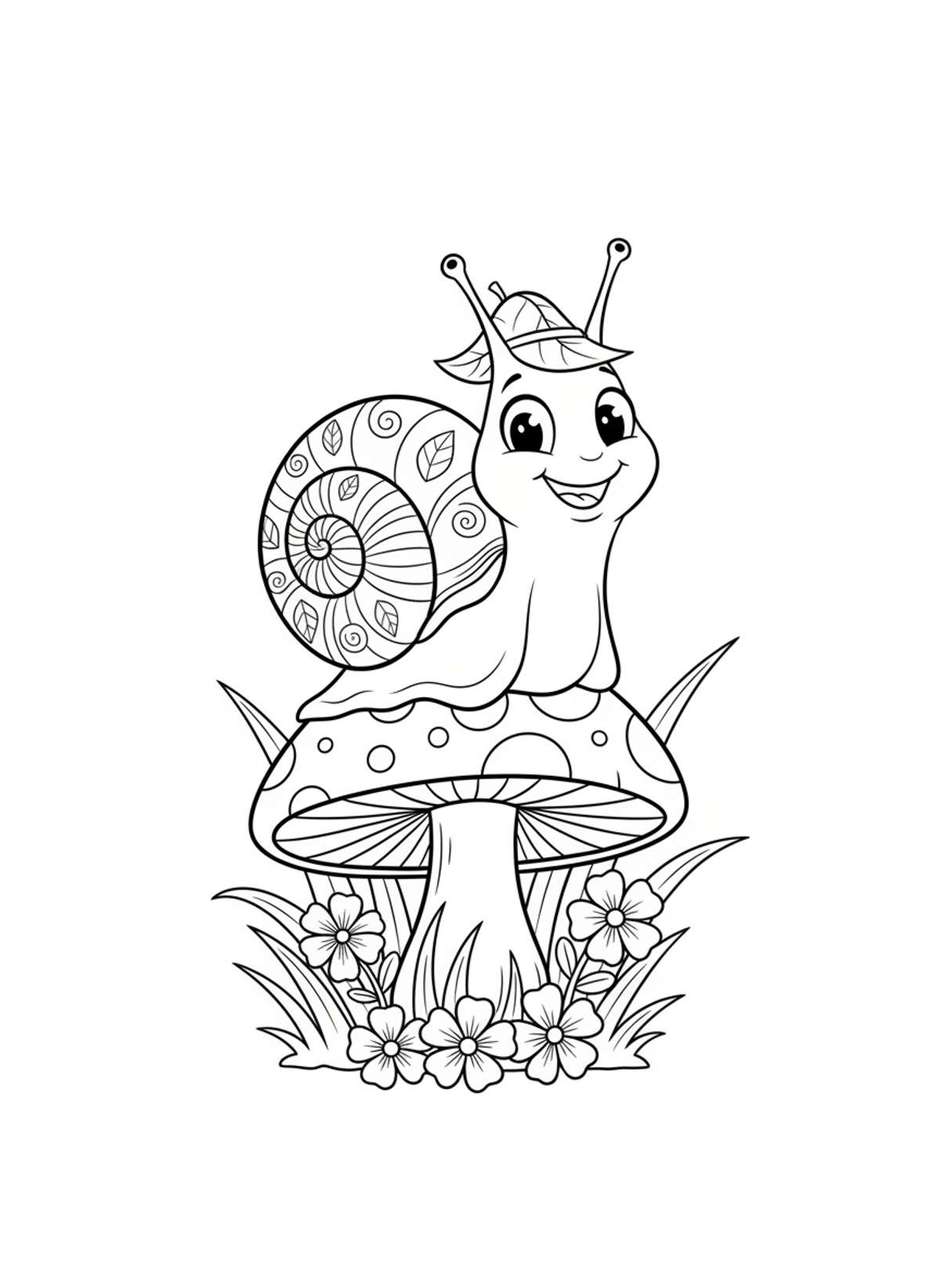 Cheerful Snail on a Mushroom Coloring Page for Kids