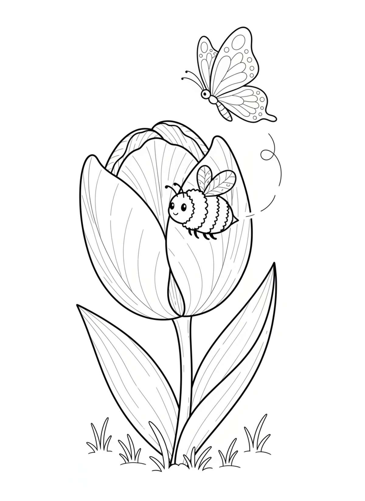 Cheerful Spring Garden with Tulip, Bee & Butterfly Coloring Page