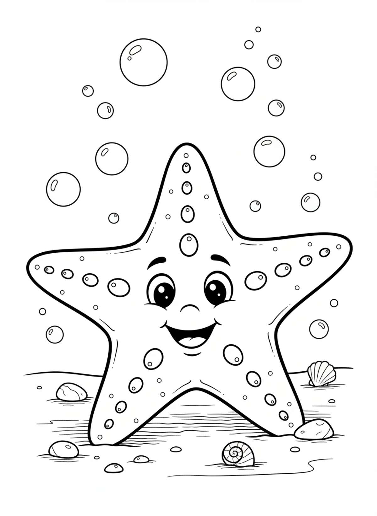 Cheerful Starfish & Seashells Coloring Page for Kids