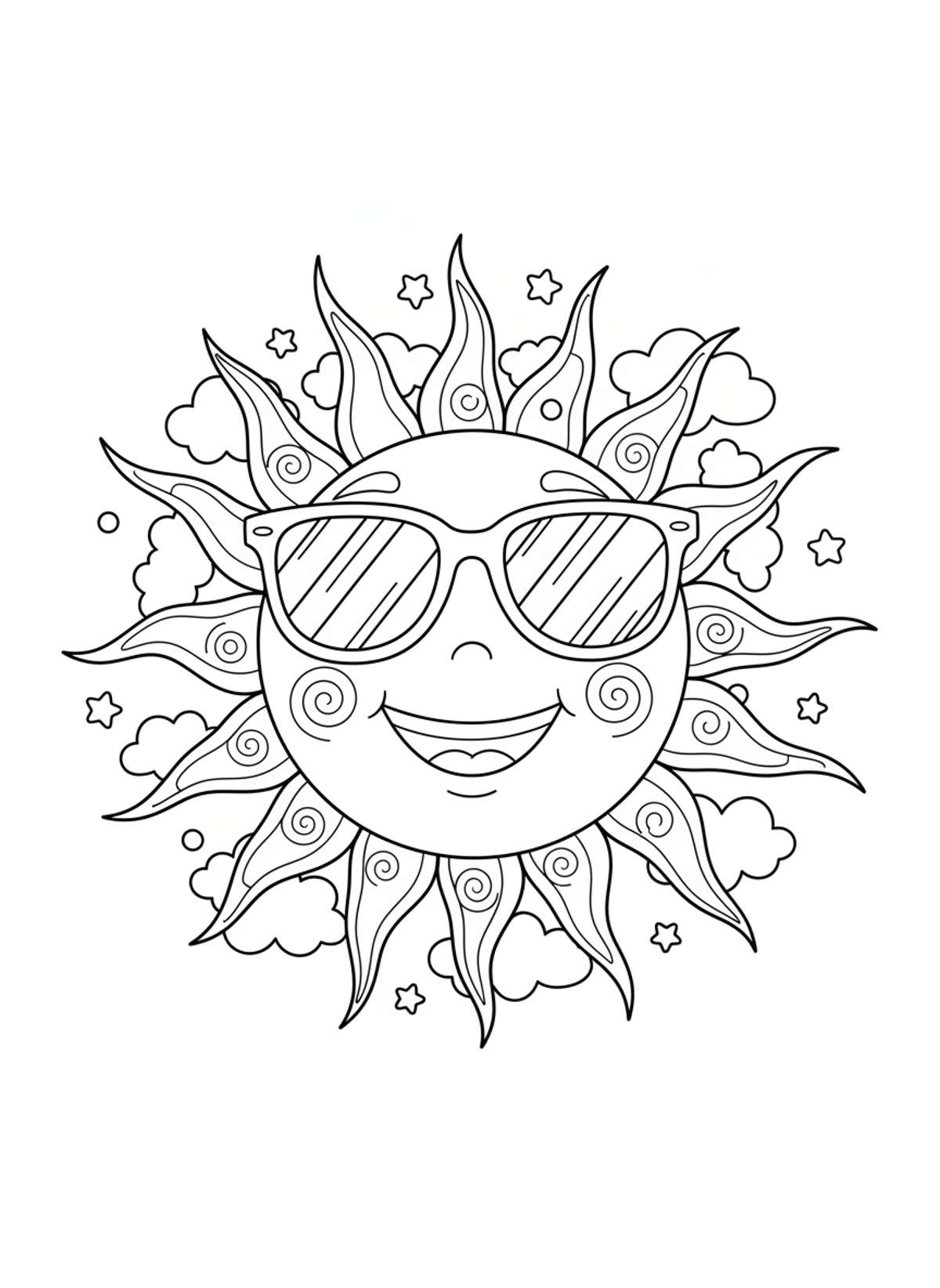 Cheerful Sun with Sunglasses Coloring Page for Kids